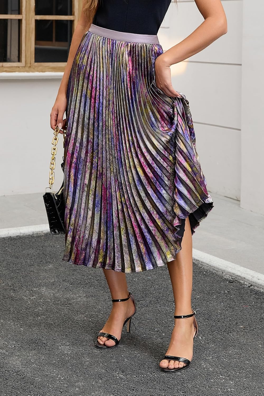 Women's Metallic Pleated Midi Skirt – High Elastic Waist, Shiny Finish, A-Line Swing Long Skirt - Image 2