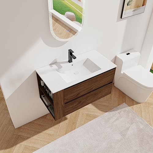 Miniatura 7 de Yoluckea Juego de tocador de baño de 36 pulgadas con lavabo de cerámica montado en la pared, moderno juego de tocador de baño con 2 cajones y