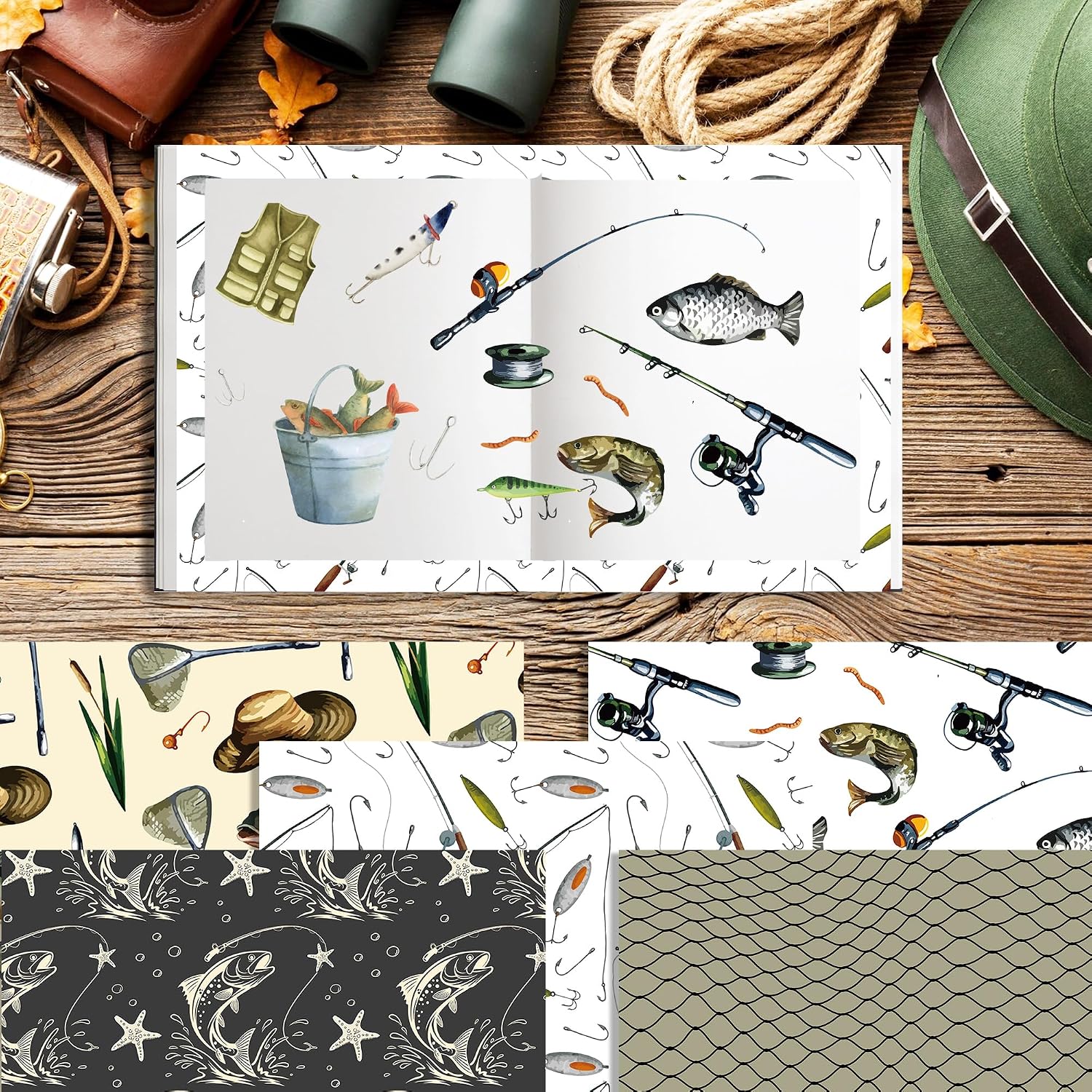 12 Designs Fishing Pattern Paper Pack 24 Sheets Fishing Scrapbook Paper 12x12 in Vintage Fish Angler Double Sided Decorative Paper for Journaling, Card Making, DIY