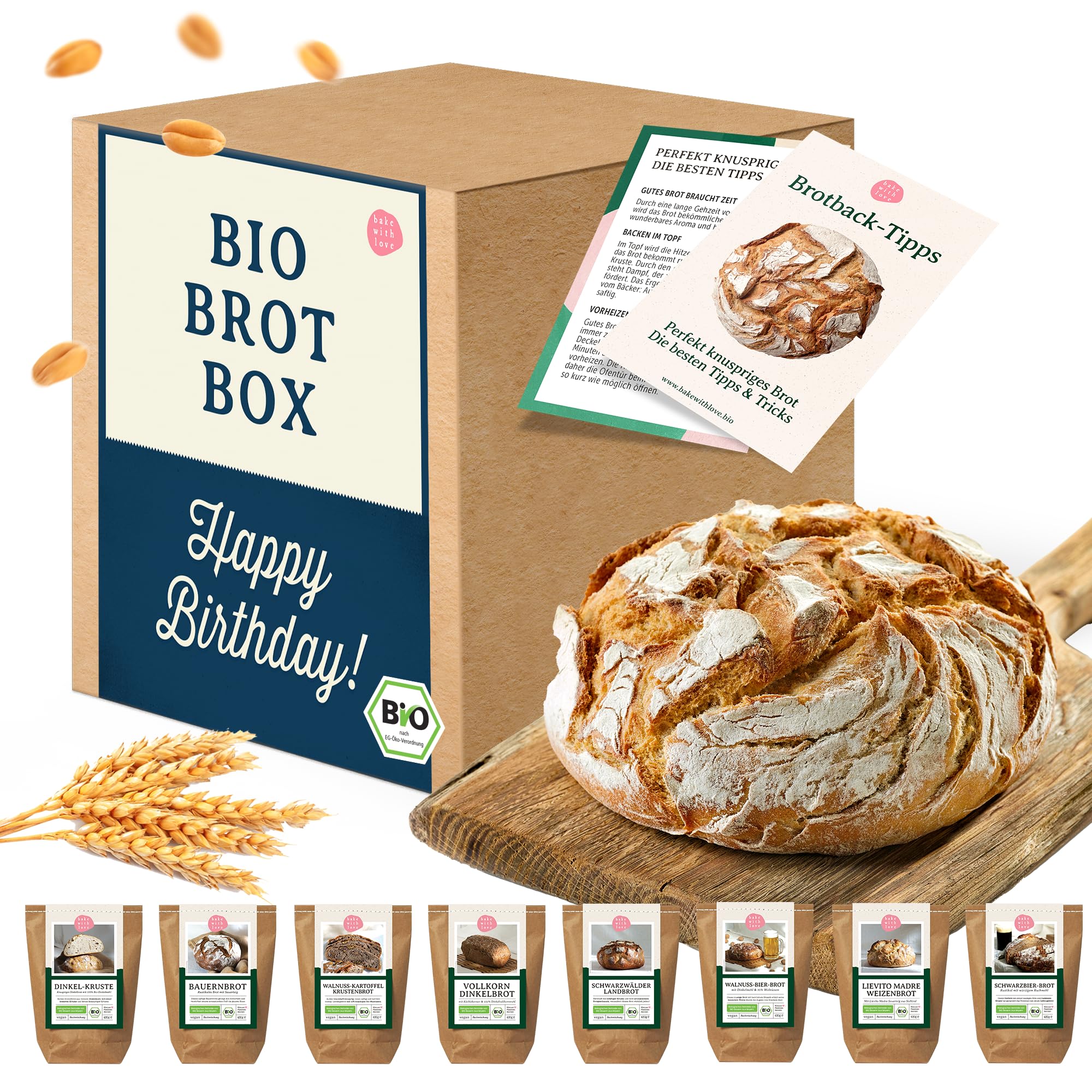 Happy Birthday Bio zestaw upominkowy do pieczenia chleba na urodziny – 8 rodzajów do samodzielnego pieczenia chleba i piekarnika – idealny jako prezent urodzinowy dla mężczyzn i kobiet Bake with Love