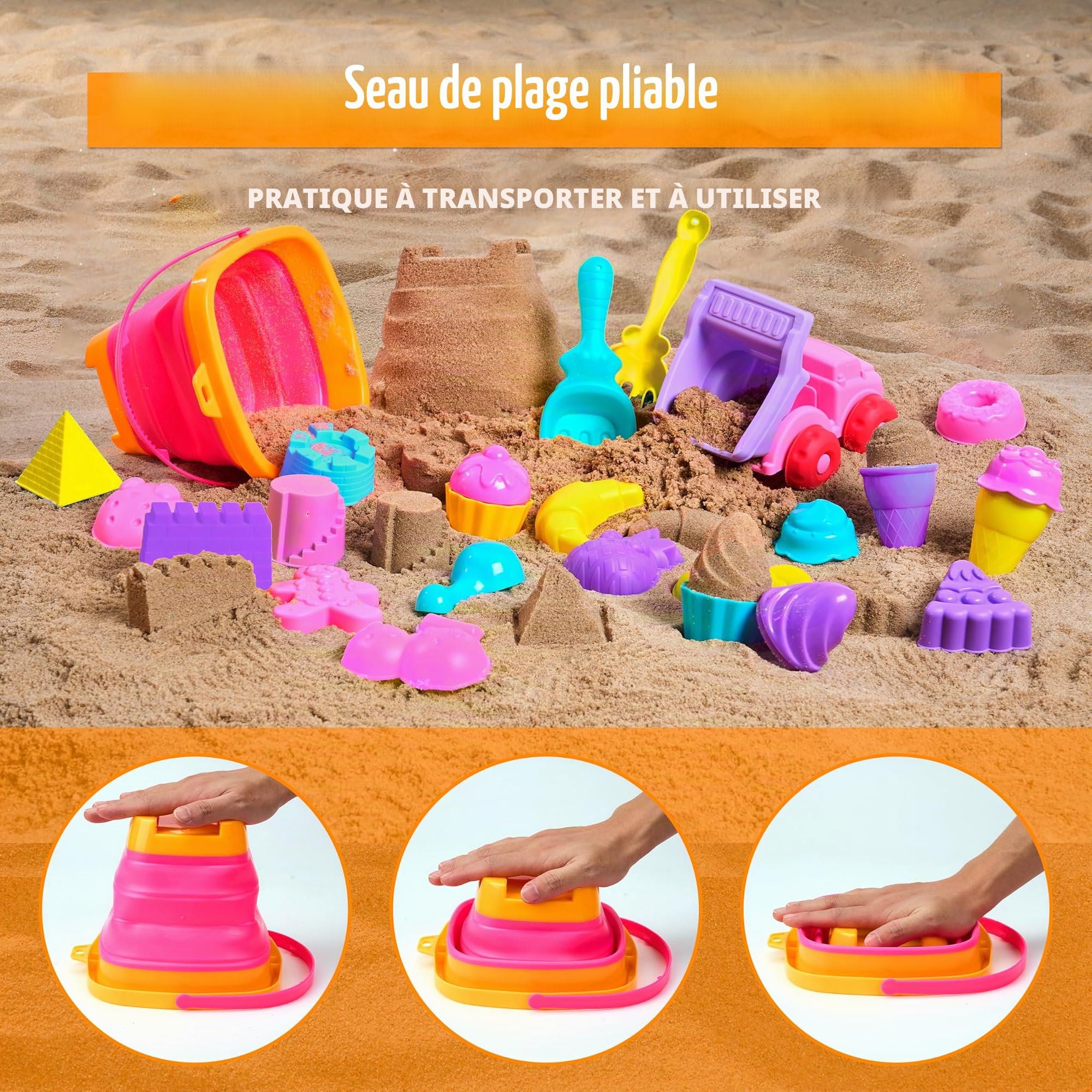 Sloosh Ensemble de jouets de sable de plage – Moules à sable de voyage avec voiture, camion, seaux pliables et pliables – Pelles à sable – Ensemble de moules à crème glacée en château avec sac en