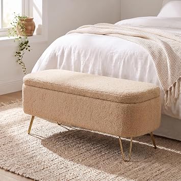 End of Bed Storage Bench for Bedroom, Small Boucle Storage Ottoman for Living Room Entryway, Teddy Fabric Upholstered Under Window Bench, Gold Legs, Camel