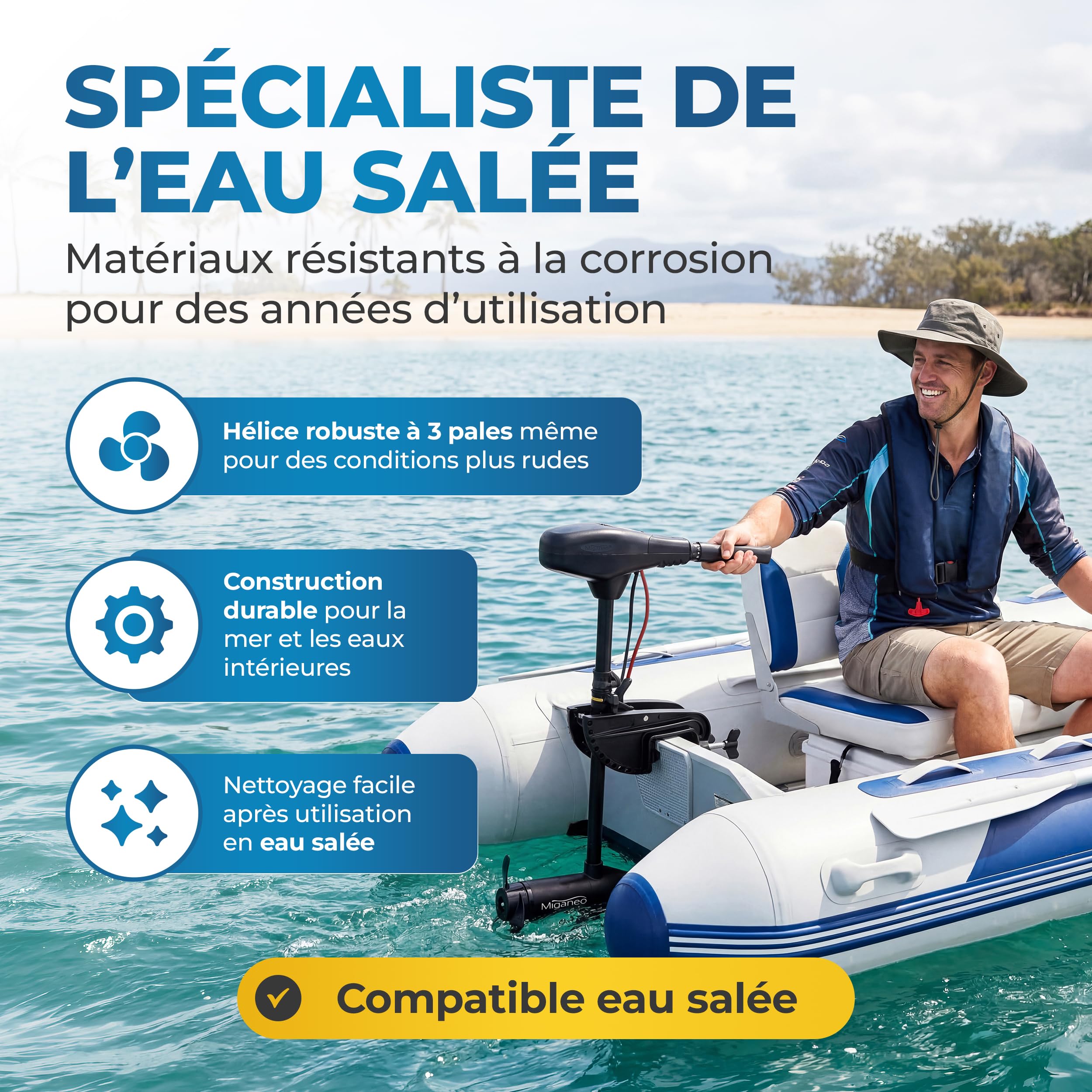Miganeo Moteur Électrique Bateau TRS 62 lbs – Moteur Hors-Bord 696W 12V – Adapté Eau Salée avec Indicateur LED – pour Bateaux Pneumatiques – 5 Vitesses Avant & 3 Arrière