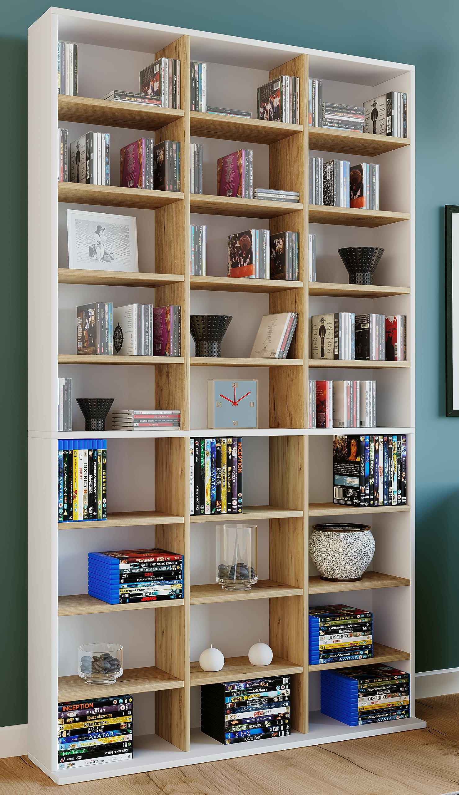 VCM Libreria in piedi | Scaffale salvaspazio per 1080 CD o 504 DVD | 27 scomparti di cui 16 regolabili in altezza | Elegante scaffale in legno classico | Dimensioni: altezza 181 x larghezza 102 x