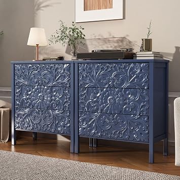 3 Drawer Dresser, Set of 2 Wooden Flower Motif Dressers with Wide Storage Space Modern Chest of Drawers Nightstand Dresser Closet for Bedroom, Living Room, Hallway - Blue