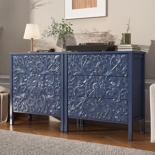 3 Drawer Dresser, Set of 2 Wooden Flower Motif Dressers with Wide Storage Space Modern Chest of Drawers Nightstand Dresser Closet for Bedroom, Living Room, Hallway - Blue