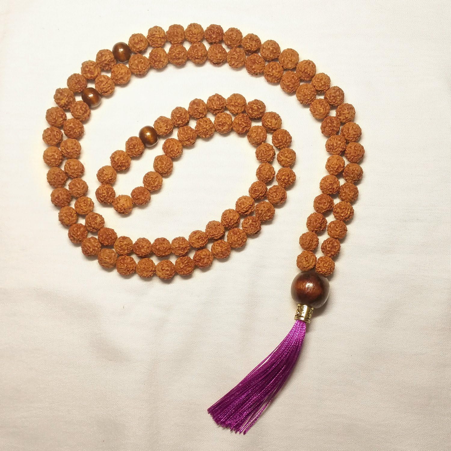 Rudraksha Tibetan Rosary or Mala Japa, purple tassel, rudraksha seeds.