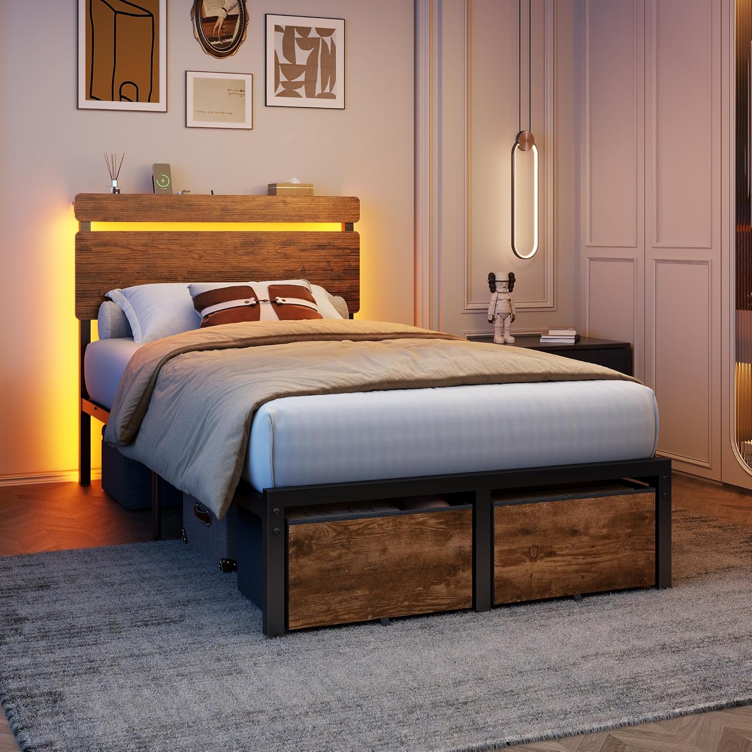 Forestell Twin Bed Frames with Wood Headboard, Metal Platform Bed with 2 Storage Drawers & Shelf, Built in Charging Station & LED Lights, No Box Spring Needed, Vintage Brown, Camas Twin Size