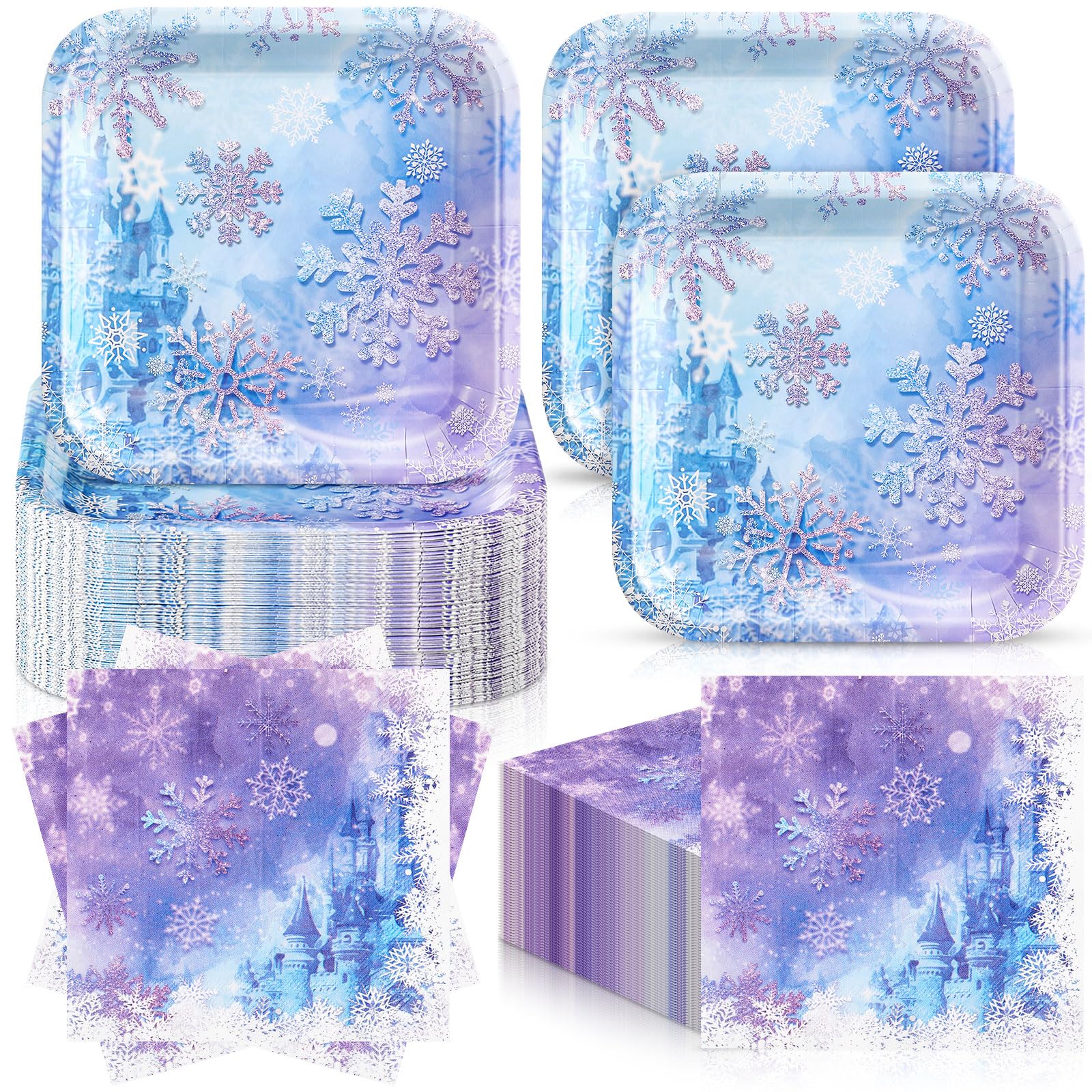 Zhehao 72 Pcs Winter Snowflake Paper Plates and Napkins Set Serve 36, 7" Square Dessert Plates and Napkins Snowflake Wonderland Disposable Dinnerware