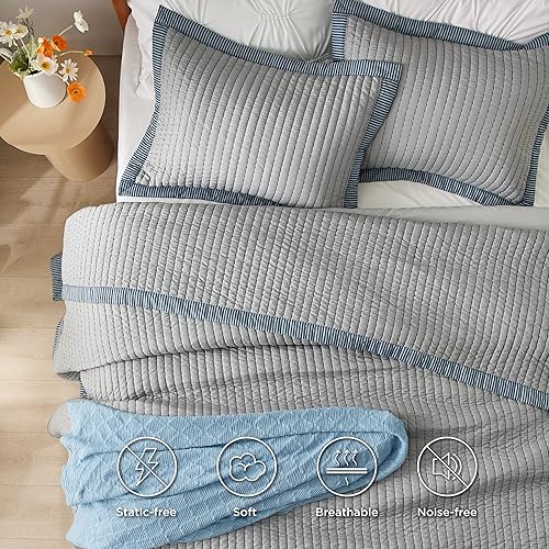 Miniatura 3 de Bedsure Colcha gris tamaño King  Juego de ropa de cama ligero y suave para todas las estaciones, juego de edredón con patrón de pana, 3 piezas, 1