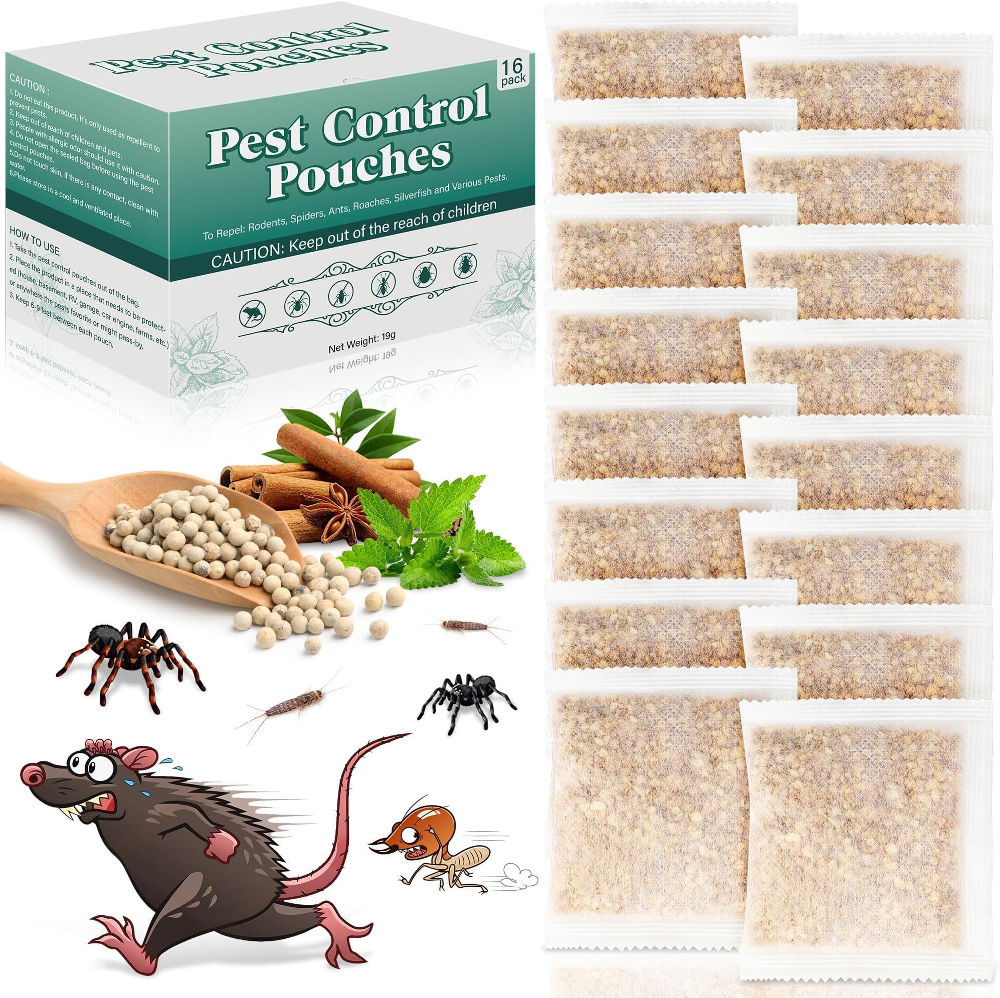 16 Pack Mouse Repellent Pouches Peppermint Oil Mice Deterrent for Indoor & Outdoor Use, Keep Mice, Rats, Squirrel, Spider, Pest Out of Garden Car RV House, Family & Pet Safe