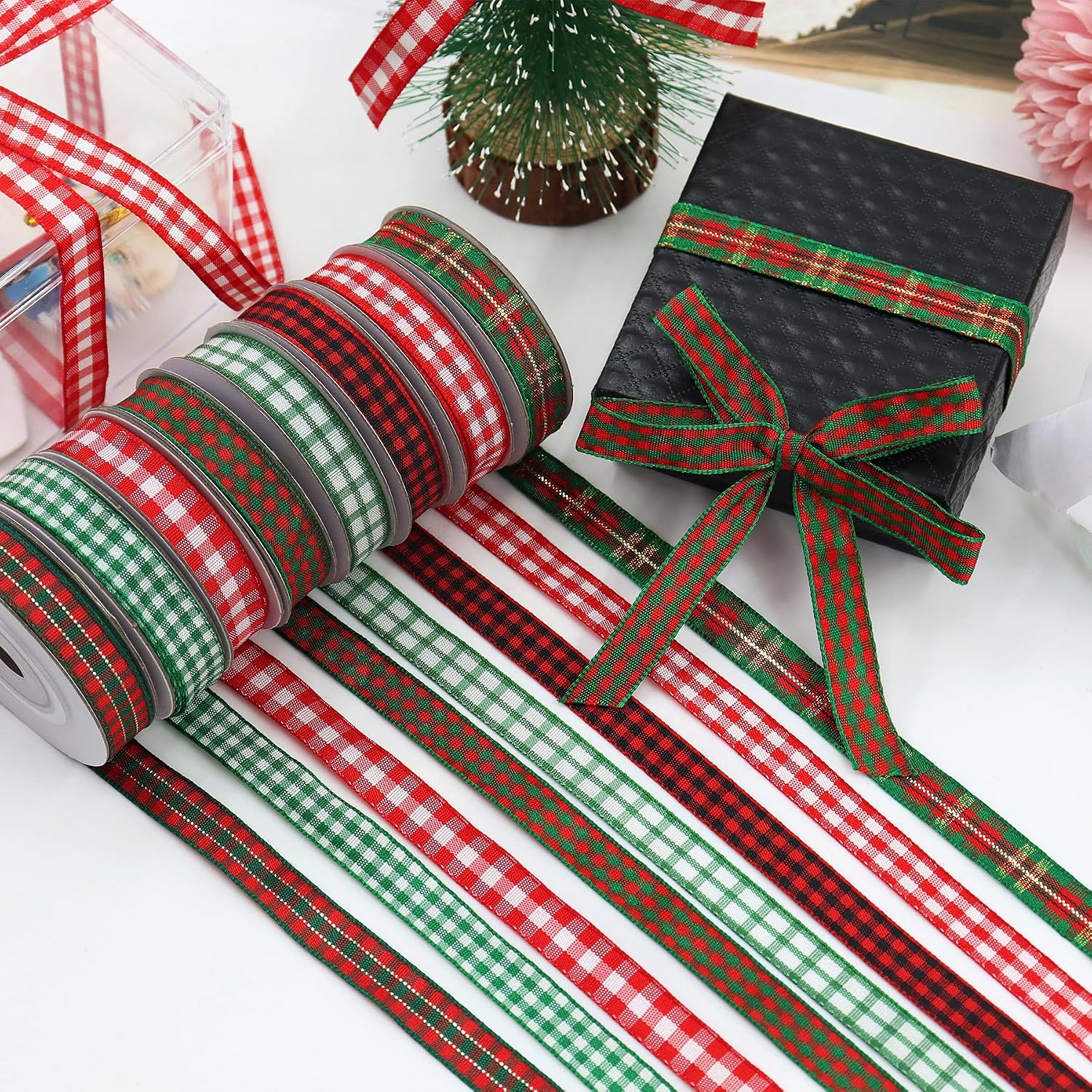 Plaid Christmas Ribbon, 3/8" X 5 Yard Each, Total 40 Yds, Red, Green, Gold, Polyester, Perfect for Gift Wrapping, Home & Christmas Decorations