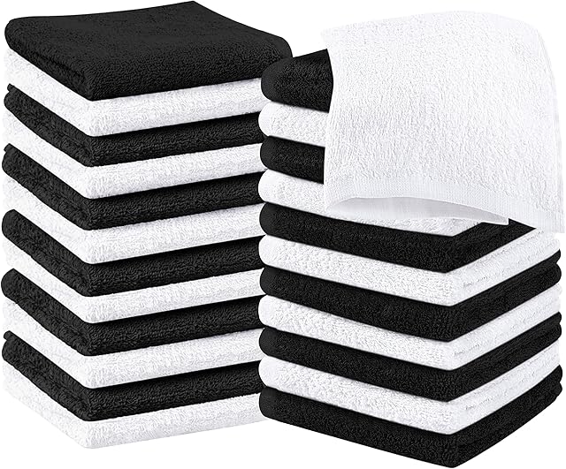 Utopia Towels Cotton Washcloths Set - Pack of 24-100% Ring Spun Cotton, Premium Quality Flannel Face Cloths, Highly Absorbent and Soft Feel Fingertip Towels (24 Pack, Black, White)