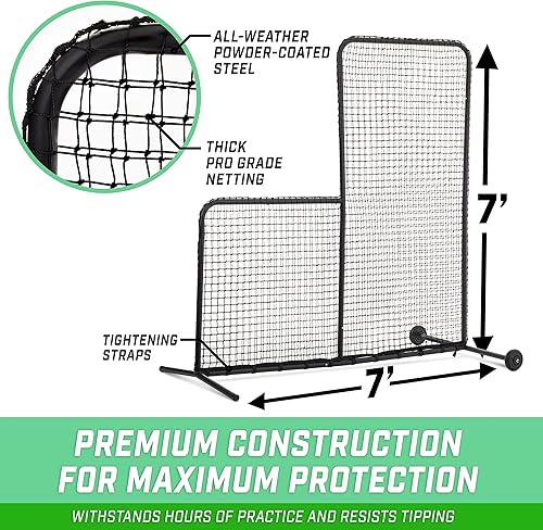 Miniatura 3 de GoSports Pantalla L PRO de béisbol y softbol de 7 pies x 7 pies, red de protección para jarra con ruedas y funda de transporte