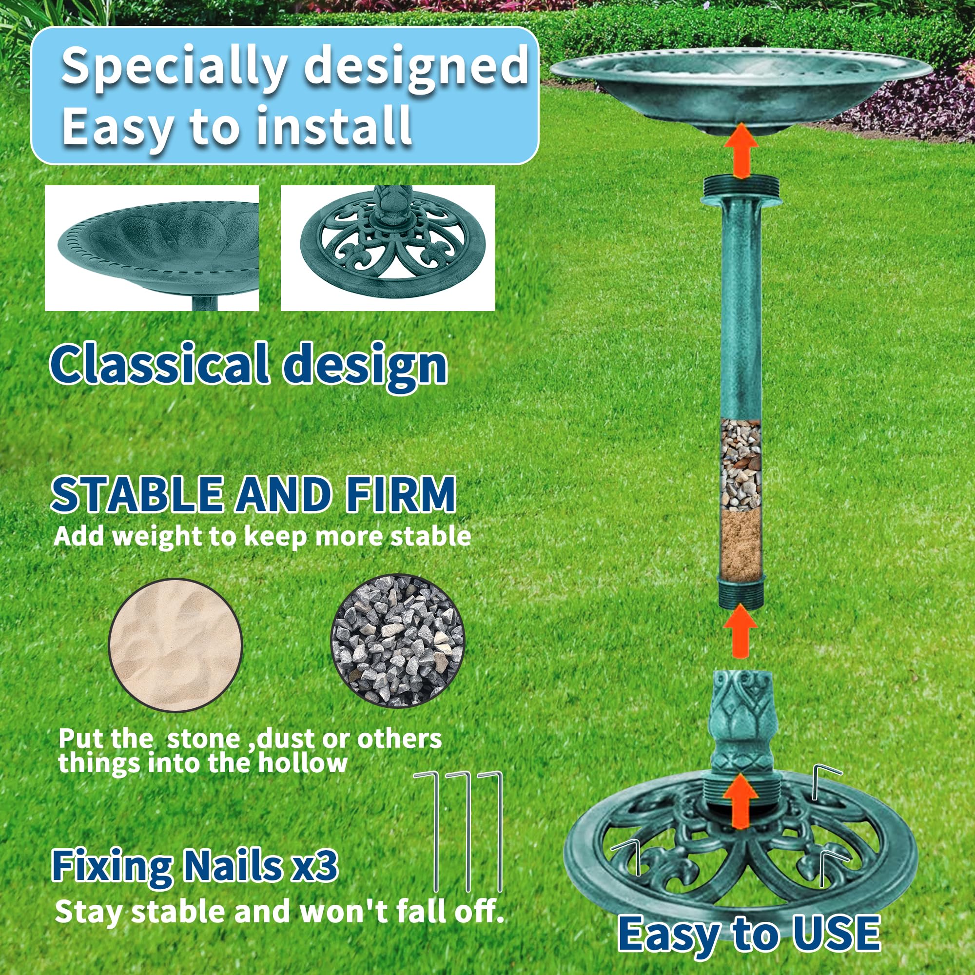 Comedero Solar Para Pájaros GYMAX Con Luz LED, Bañera Y Bebedero, Más Jardinera Inferior, Estructura Metálica En Bronce Antiguo, Ideal Para Decorar El Jardín