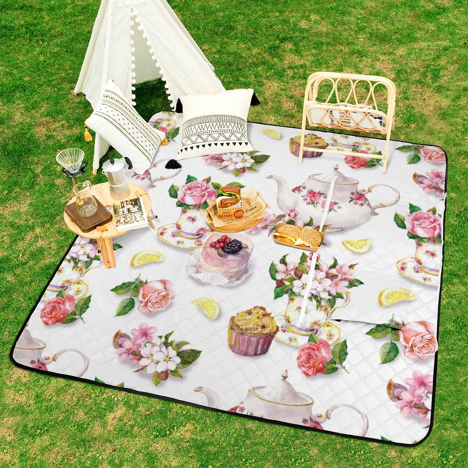 Tappetino da picnic con cerniera, torta e teiera, coperta da picnic floreale, tappeti per esterni, 150 cm x 150 cm
