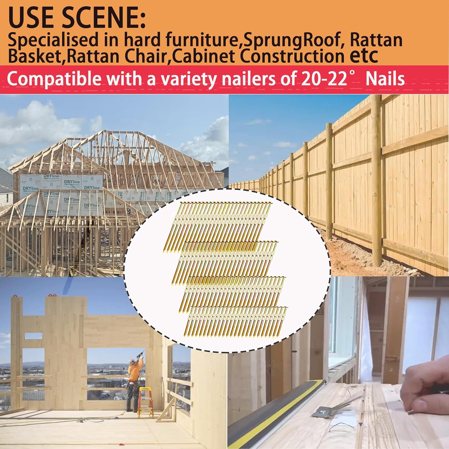 Framing Nails,21°Round Head Nail Pack,Galvanized Nails,Ring Shank for 20 to 22 Degree Framing Nailers(2'',2-1/2'',3'',3-1/2'':1000PCS)