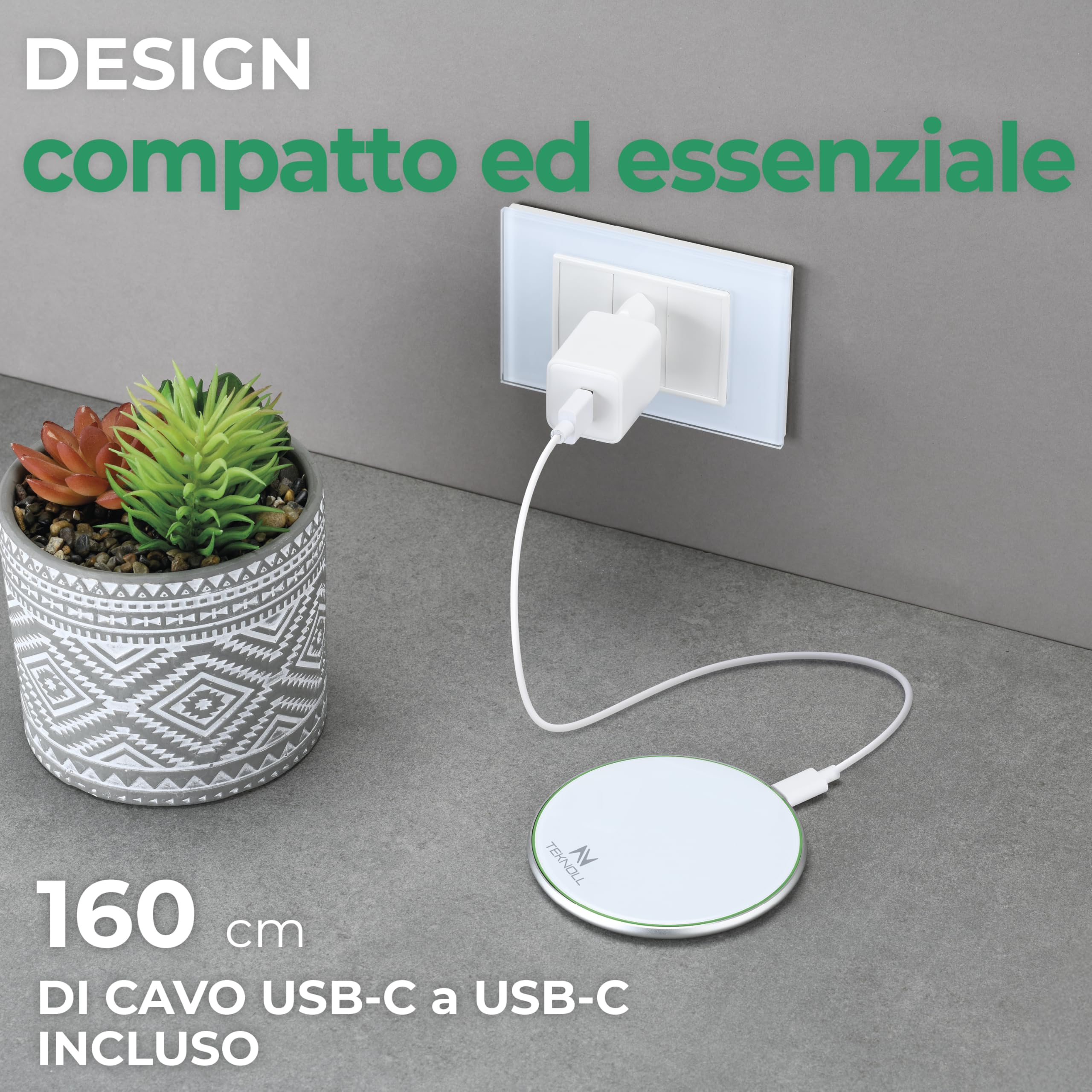 Caricatore Wireless 15W, Pad di Ricarica Rapida con LED Circolare Indicatore, Cavo USB-C 160cm Incluso, Compatibile con Smartphone Wireless, Design Ultra Sottile e Sicuro