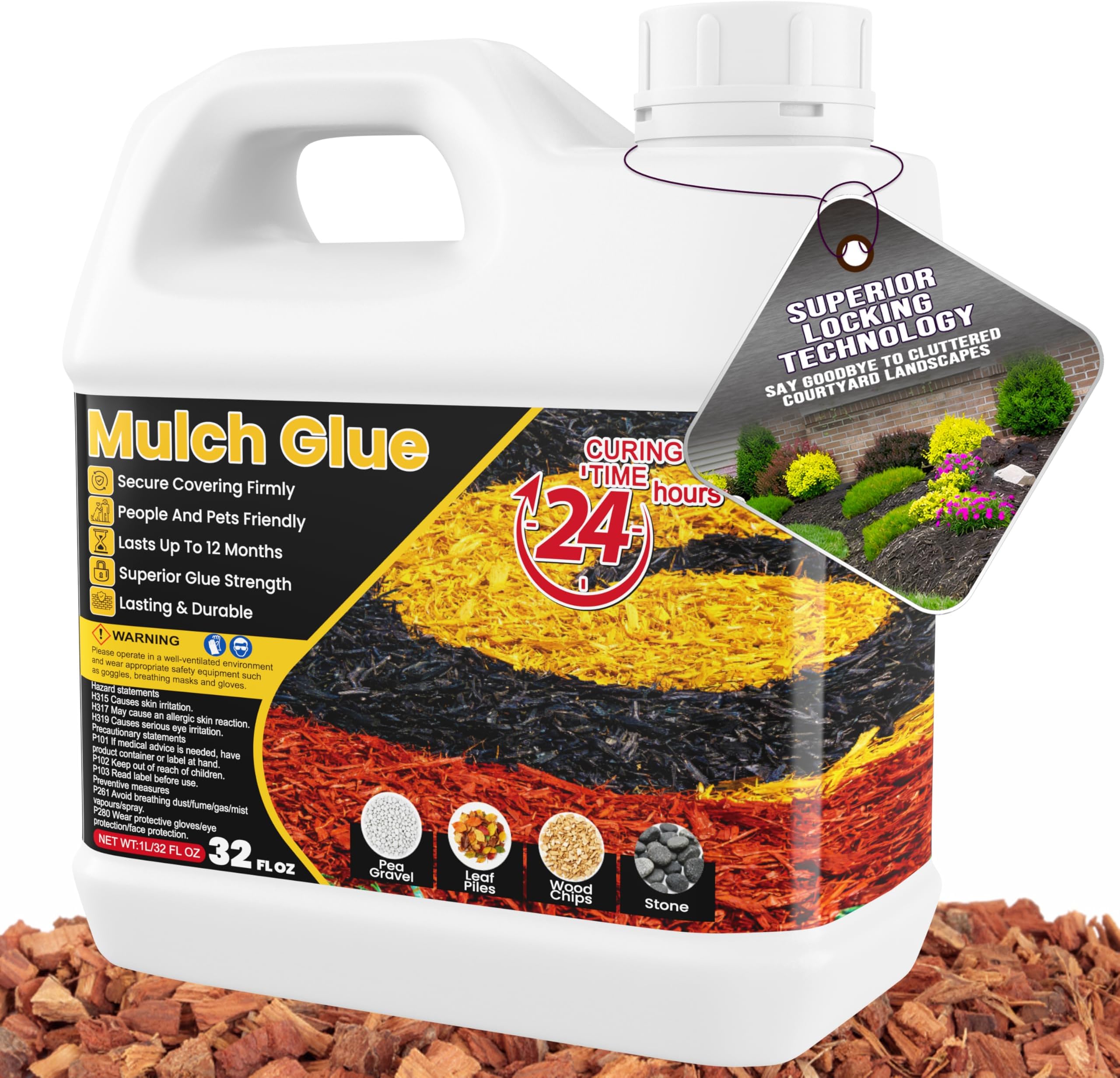 Mulch Glue - 32 OZ Rubber Mulch for Landscaping, Pet Safe Rock Glue, Ground Coverage Gravel Glue, Stone Sealer, Mulch Adhesive for Pathway, Patio, Plants, Fast Dry Non-Toxic No Mixing Required
