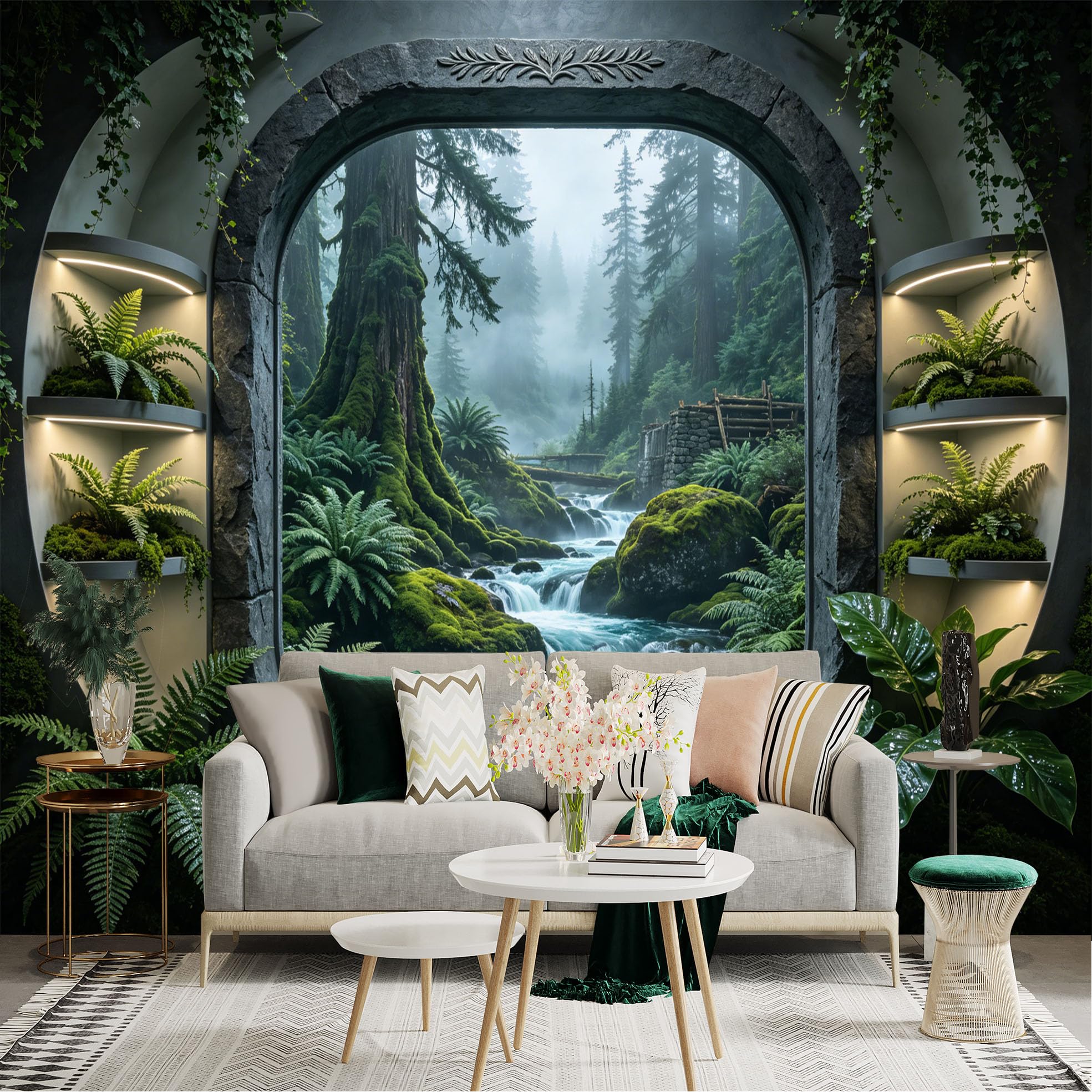 Lnzczhyre Dbh260521605 Custom Size Wall Sticker Mural， Misty Forest Stream， Ancient Trees And Mossy Rocks， Serene Nature Scenery， Lush Botanical View， For Wall Decoration， Peelandstick Wall Decals.