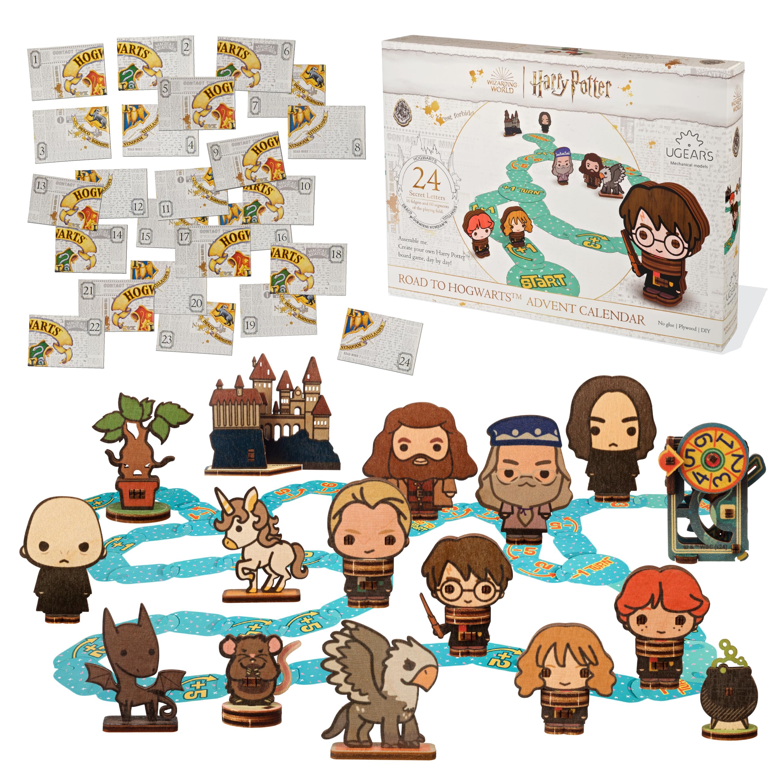 UGEARS Harry Potter Calendrier de l'Avent 2025 - Road to Hogwarts Puzzle 3D Bois pour Adultes avec 16 Figurines, 60 Pièces de Plateau de Jeu, 24 Enveloppes Secrètes - Maquette en Bois a Construire