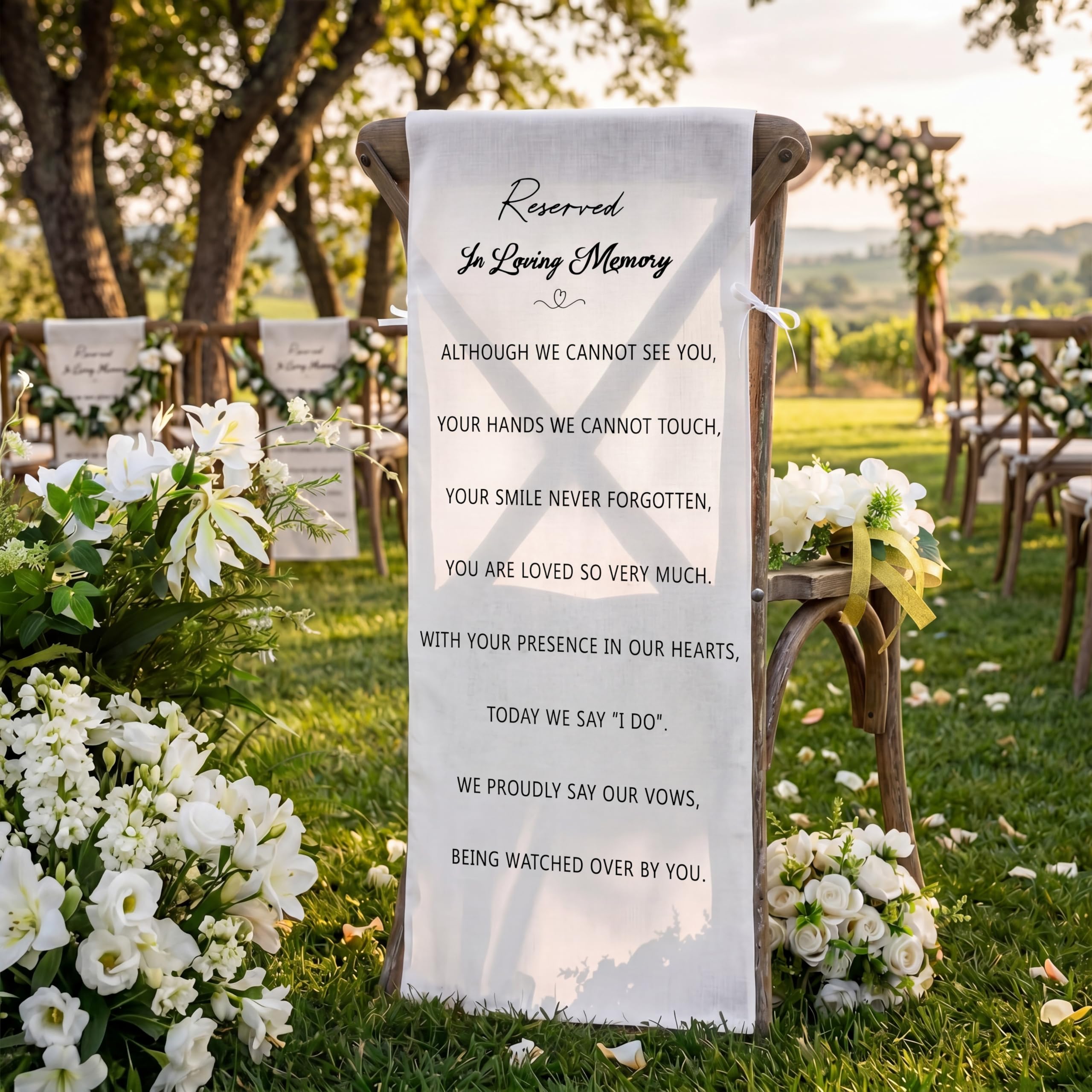 HunnmingRe Reserved Signs for Wedding Reserved Memorial Wedding Chair Sign with Love from Heaven Cotton Linen 15 x 50 Inch Save a Seat for Someone in Heaven Seating Decoration(White,Loving)