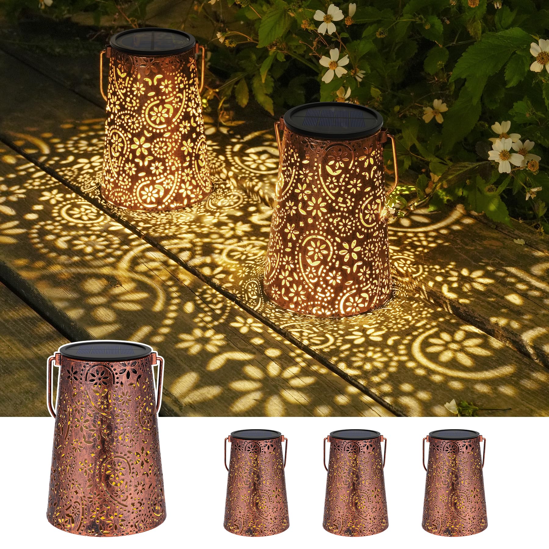 Lot de 4 lampes solaires Paisley pour extérieur et jardin - 15 lm - LED blanc chaud - Lanternes solaires pour l'extérieur - Étanche IP65 - Lanternes solaires en métal pour balcon, camping, décoration
