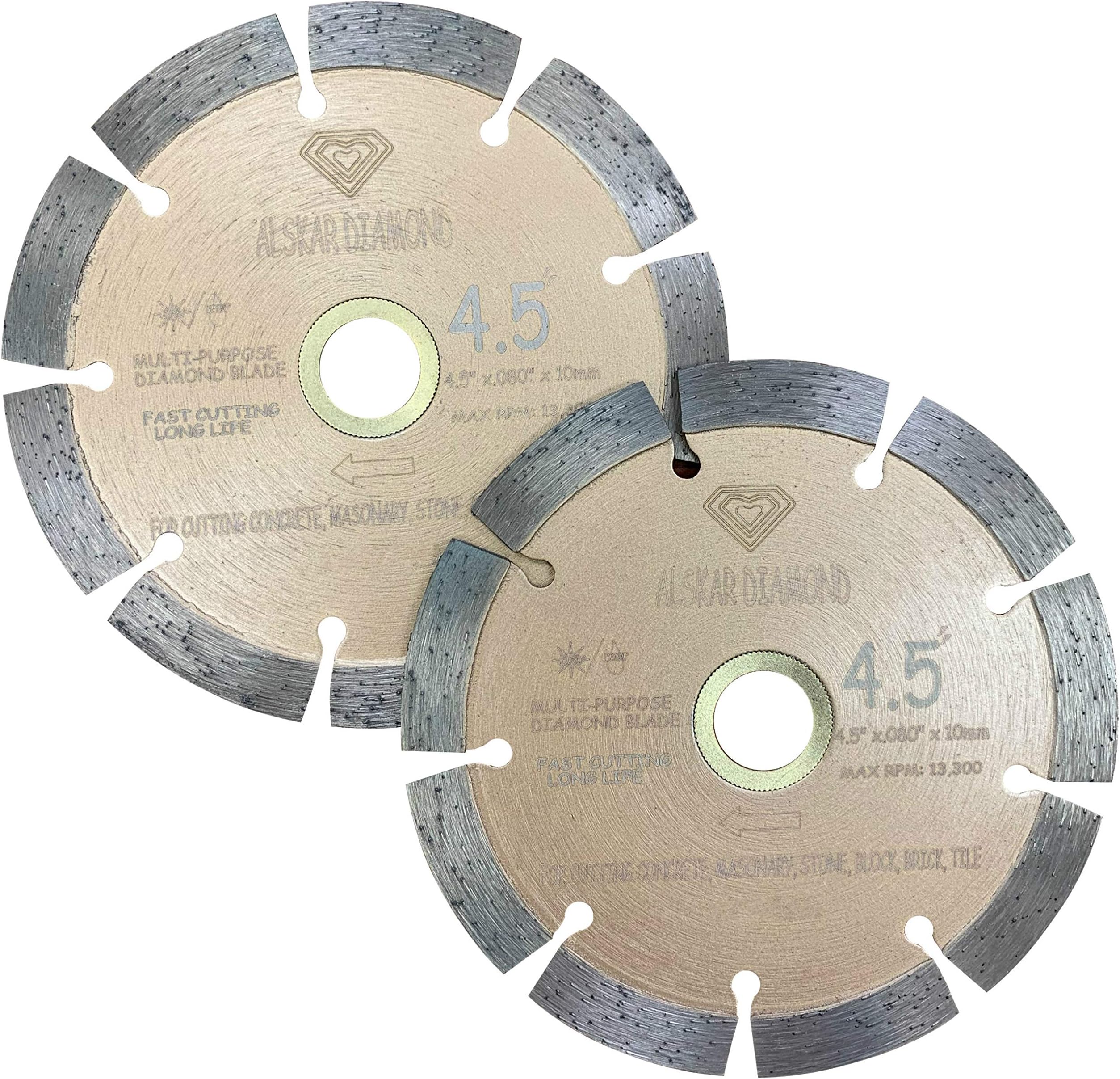 (2 Pack) ALSKAR DIAMOND USA ADLSS 4-1/2 inch Dry or Wet Cutting General Purpose Power Saw Segmented Diamond Blades for Concrete Stone Brick Masonry (4 1/2" - 2 pcs)