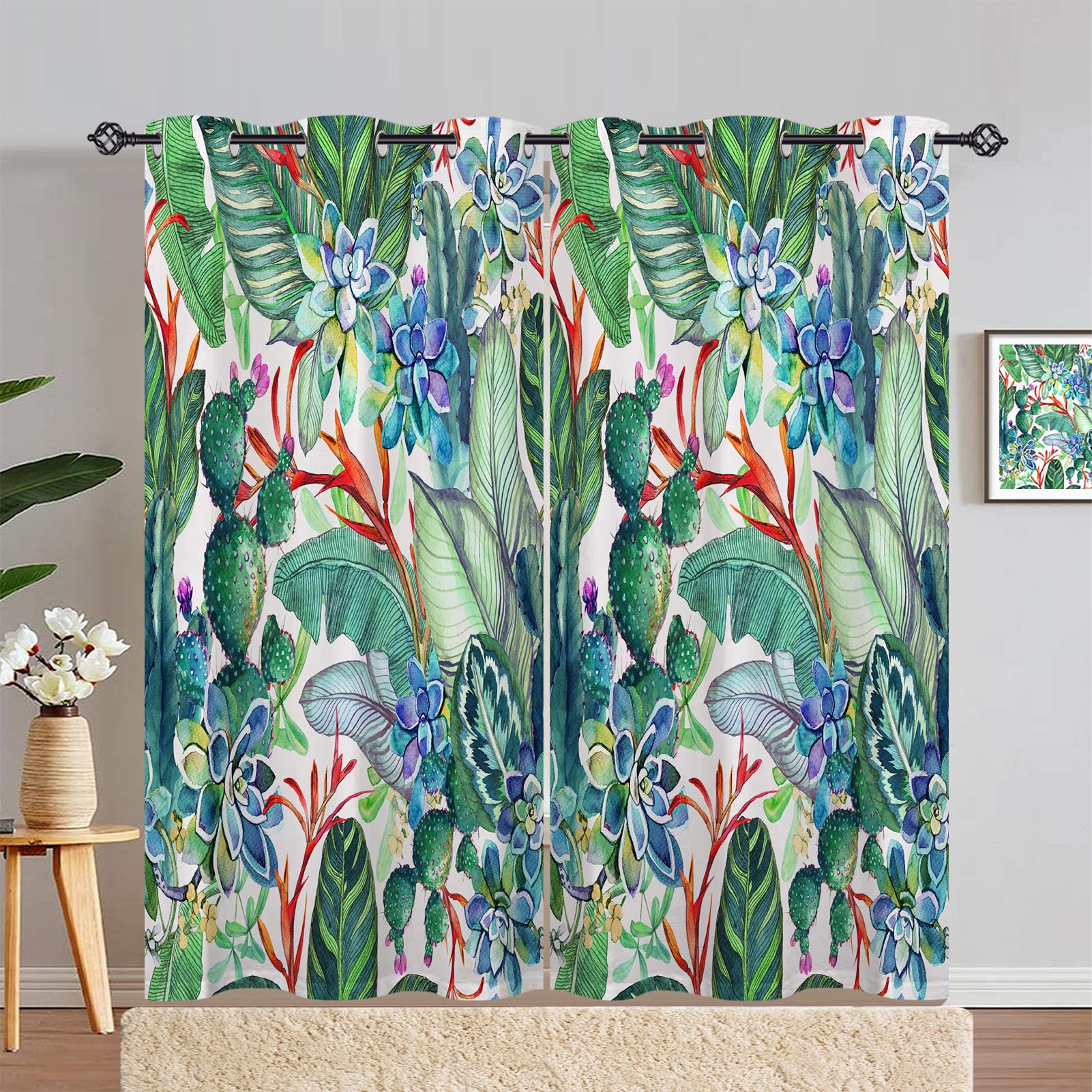ANHOPE Cactus Curtains Eyelet Blackout Thermal Insulated Curtains Watercolor Tropical Leaf Plant Print Pattern Soft Soundproof Privacy Window Drapes for Bedroom Living Room 55 x 84 Inch 2 Panels — image 1