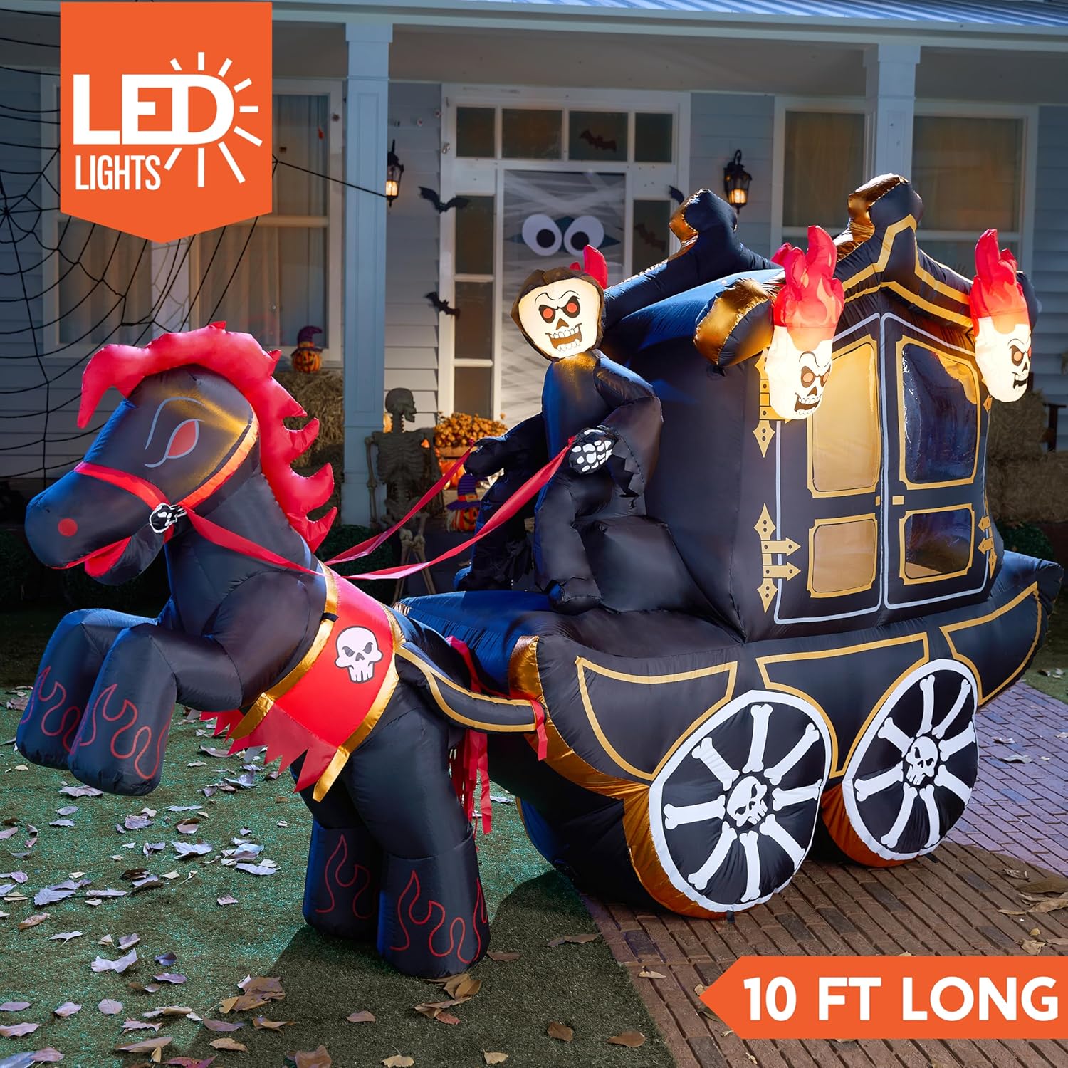 Joiedomi 10 Ft Long Halloween Inflatables Carriage Outdoor Decorations with Hellfire Design, Inflatable Carriage with Build-in LEDs Halloween Blow Up for Yard, Party Decoration Outside Garden Lawn