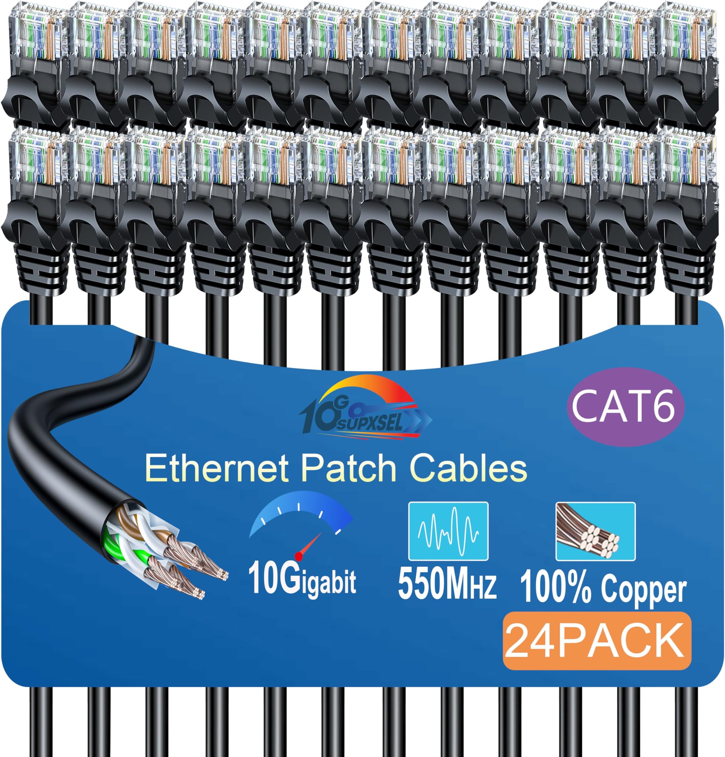 Cat 6 Ethernet Cable 6FT (24Pack), Cat6 Ethernet Patch Cable 10Gbps, High-Speed UTP Cat6 Network Cable Pure Copper, Cat 6 Cable for Home and Office Network, Black