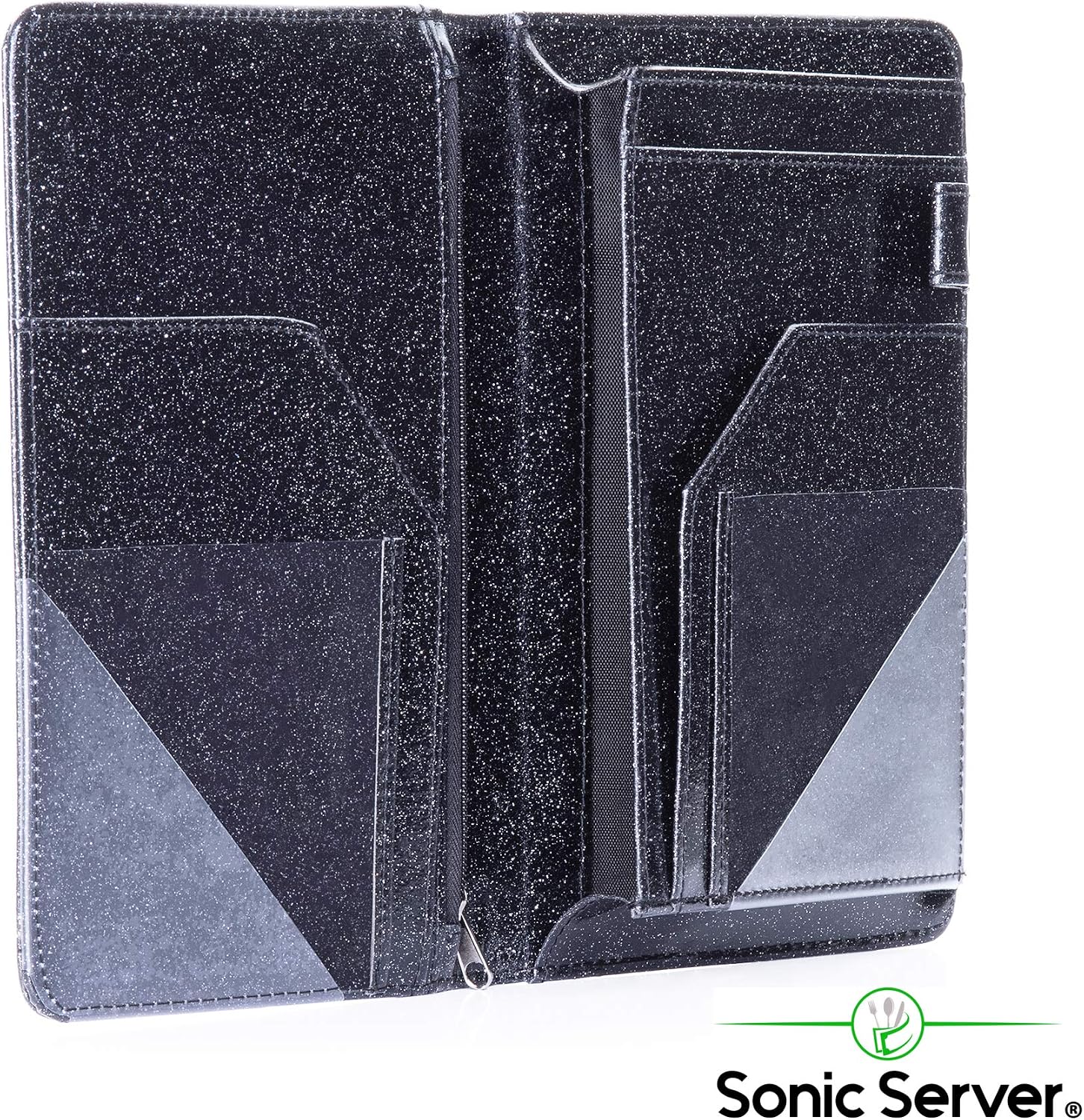 Sonic Server 5x8 Glitter Server Book Organizer with Magnetic Pocket, Zipper Pouch & Pen Holder for Waitress Waiter Waitstaff | Fits Apron Guest Checks Order Pad | Black