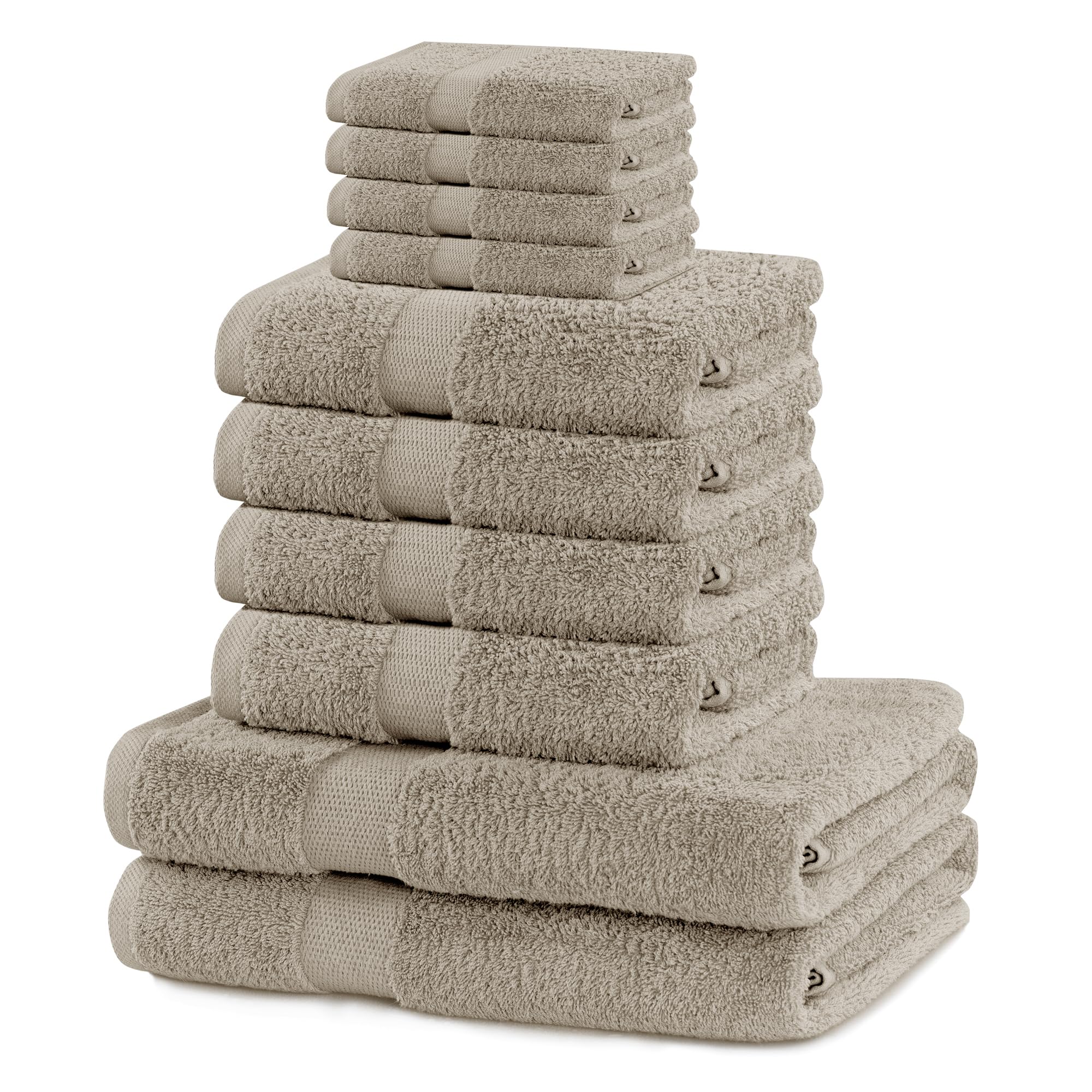 DecoKing Juego de 10 Toallas de algodón de Calidad de 525 g/m², 4 Toallas de 30 x 50 cm, 4 Toallas de Mano de 50 x 100 cm y 2 Toallas de baño de 70 x 140 cm, Color Beige y Absorbente