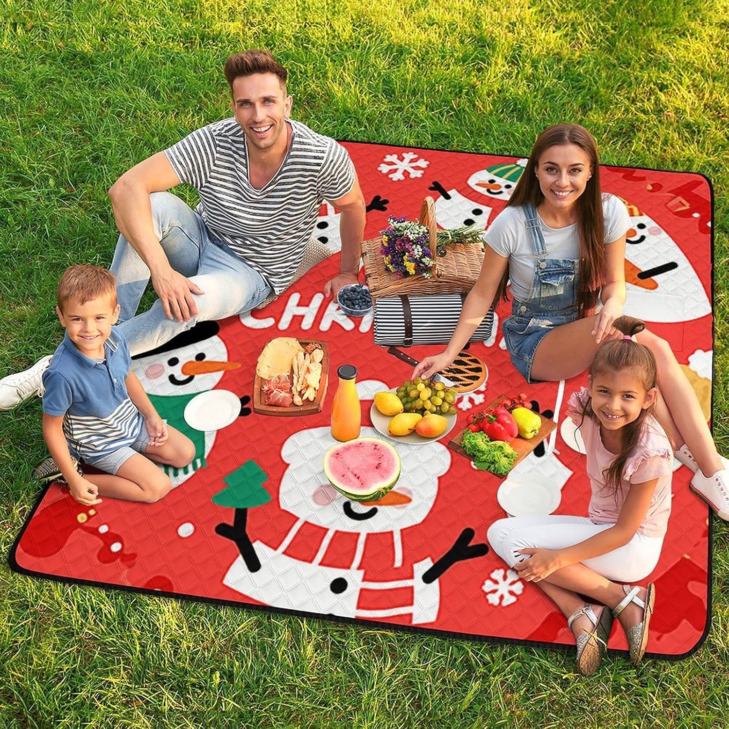 Xmas Snowman Picnic Blanket 200x200cm, Foldable 2-in-1 Picnic Mat and Tote Bag Portable Waterproof Beach Mat Sandproof Outdoor Blanket for Park, Hiking, Beach, Camping, Travel