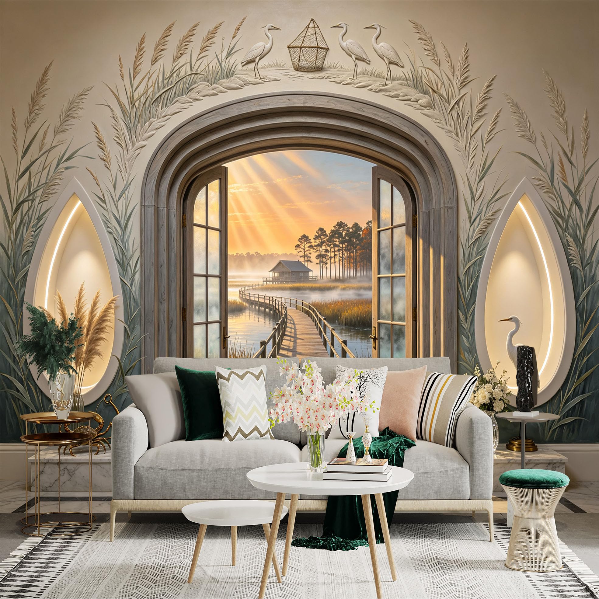 Custom Size Wall Sticker Mural， Coastal Boardwalk Sunrise， Marsh Reeds and Herons， Scenic Archway Landscape， for wall Decoration， peelandstick wall Decals.