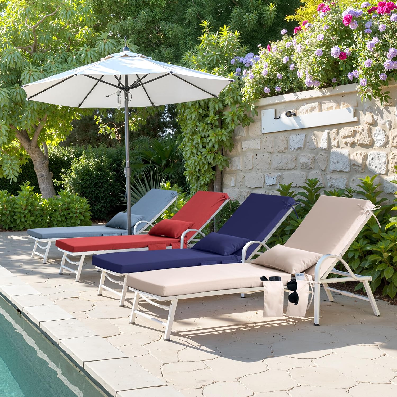 Sunbrella Outdoor Chaise Lounge Cushion Set of 2 with Head Pillow and Side Pockets, Water Repellent Patio Recliner Lounge Chair Cushions for Lawn, Pool & Beach (Denim Blue, 72" x 21")