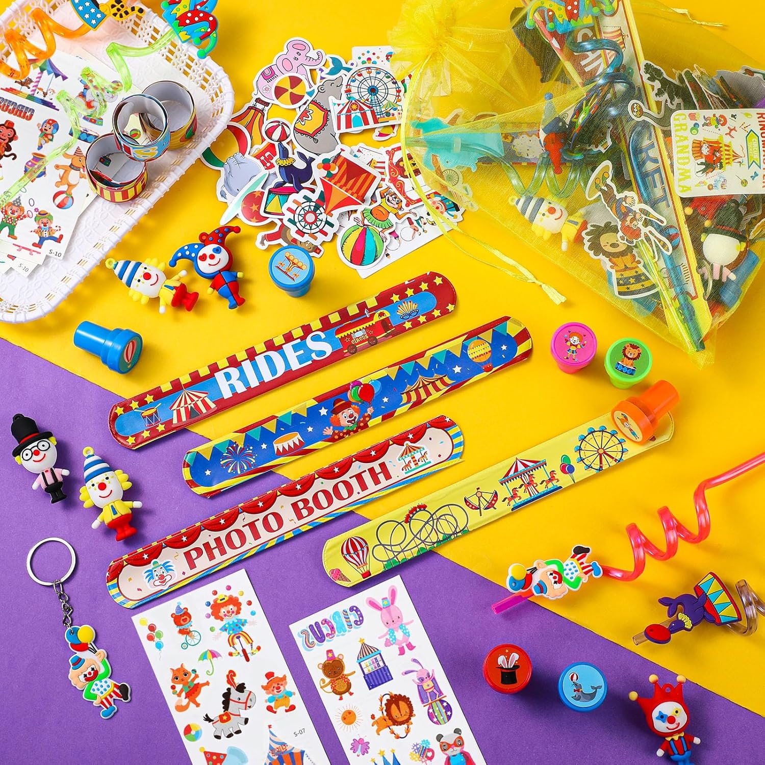 Shappy 134 Pcs Circus Party Favors Set Circus Slap Bracelets Cute Clown Keychains Straws Stampers Tattoos Stickers Organza Bags for Carnival Birthday Party Decorations Supplies