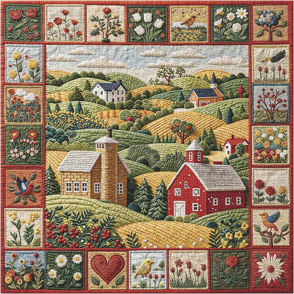Rustic Patchwork Farm Puzzles for Adults 1000 Pieces, Embroidery Country Landscape Jigsaw Puzzle, Quilt Barn Village Floral Bird Collage Artwork Puzzle, Cozy Farmhouse Nature Scene Puzzle