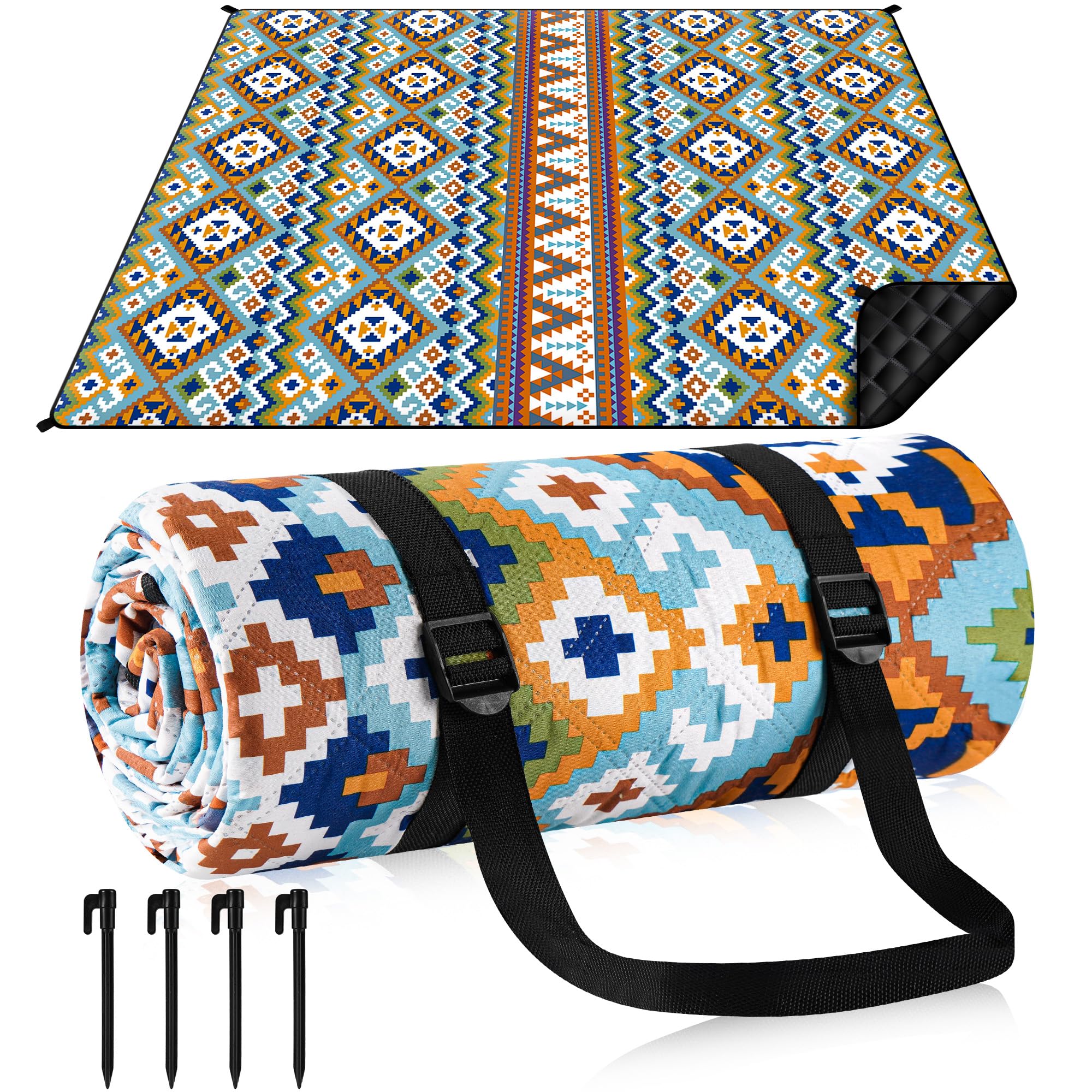 Gucass Coperta Picnic Impermeabile 200 x 200 cm con 4 Picchetti Antivento, Tappetino da Spiaggia Portatile Pieghevole per Campeggio Esterno