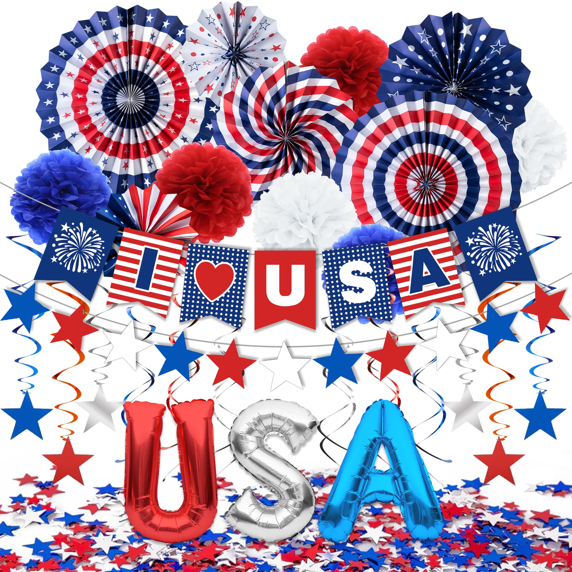 DMIGHT 4th of July Decorations, 33PCS Patriotic Memorial Day Decorations Set with Banner, USA Balloons, Paper Fans, Star Streamer, Hanging Swirls,
