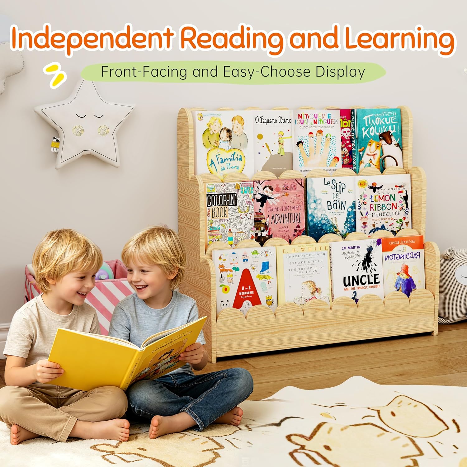3-Tier Kids Bookshelf, Scalloped Montessori Bookshelf for Toddler and Baby, Small Childrens Bookcase, Solid Wood Book Shelf for Kids Room, Nursey, Playroom and Classroom, Natural
