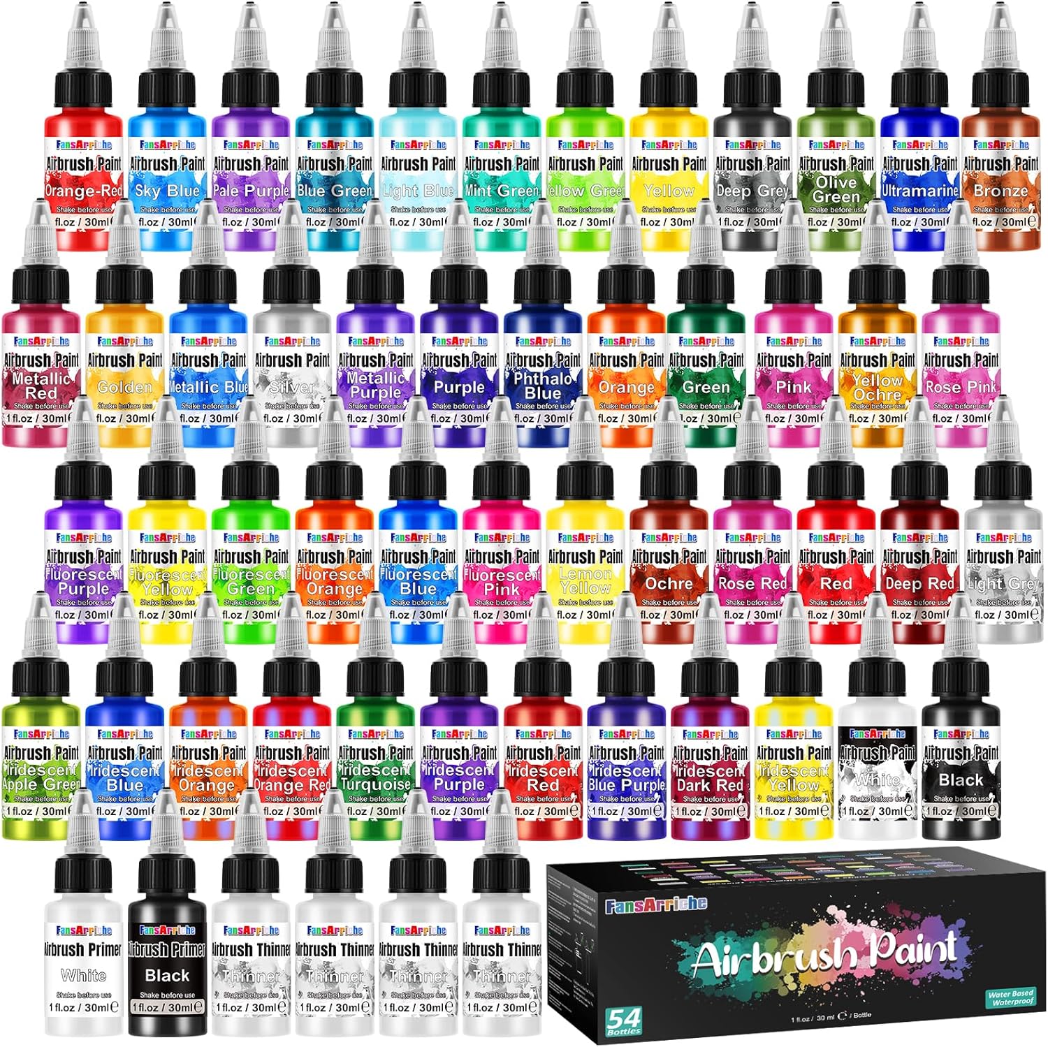 FansArriche Airbrush Paint, 48 Colors (30 ml /1 oz) with 4 Thinner & 2 Primer, Ready to Spray Water-Based Metallic & Neon & Iridescent Acrylic Airbrush Painting Set