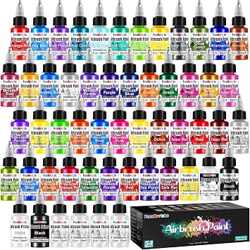 FansArriche Airbrush Paint, 48 Colors 30 ml /1 oz with 4 Thinner & 2 Primer, Ready to Spray Water-Based Metallic & Neon & Iridescent Acrylic Airbrush Painting Set