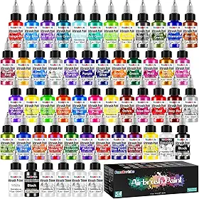 FansArriche Tinta para aerógrafo, 48 cores com 4 mais finas e 2 primer, conjunto de pintura de pincel acrílico à base de água metálico e neon e iridescente, 30 ml/garrafa
