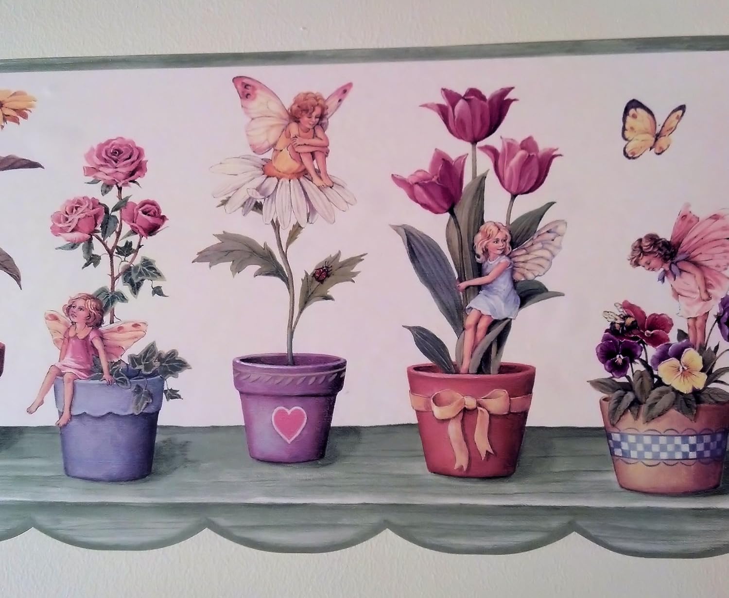 Fairies, Butterflies & Flowers Wallpaper Border - Sunflowers, Tulips, Daisies, Pansies - Yellow, Red - Garden Theme - Pre-Pasted - 10 Inches Wide - 15 Foot Spools
