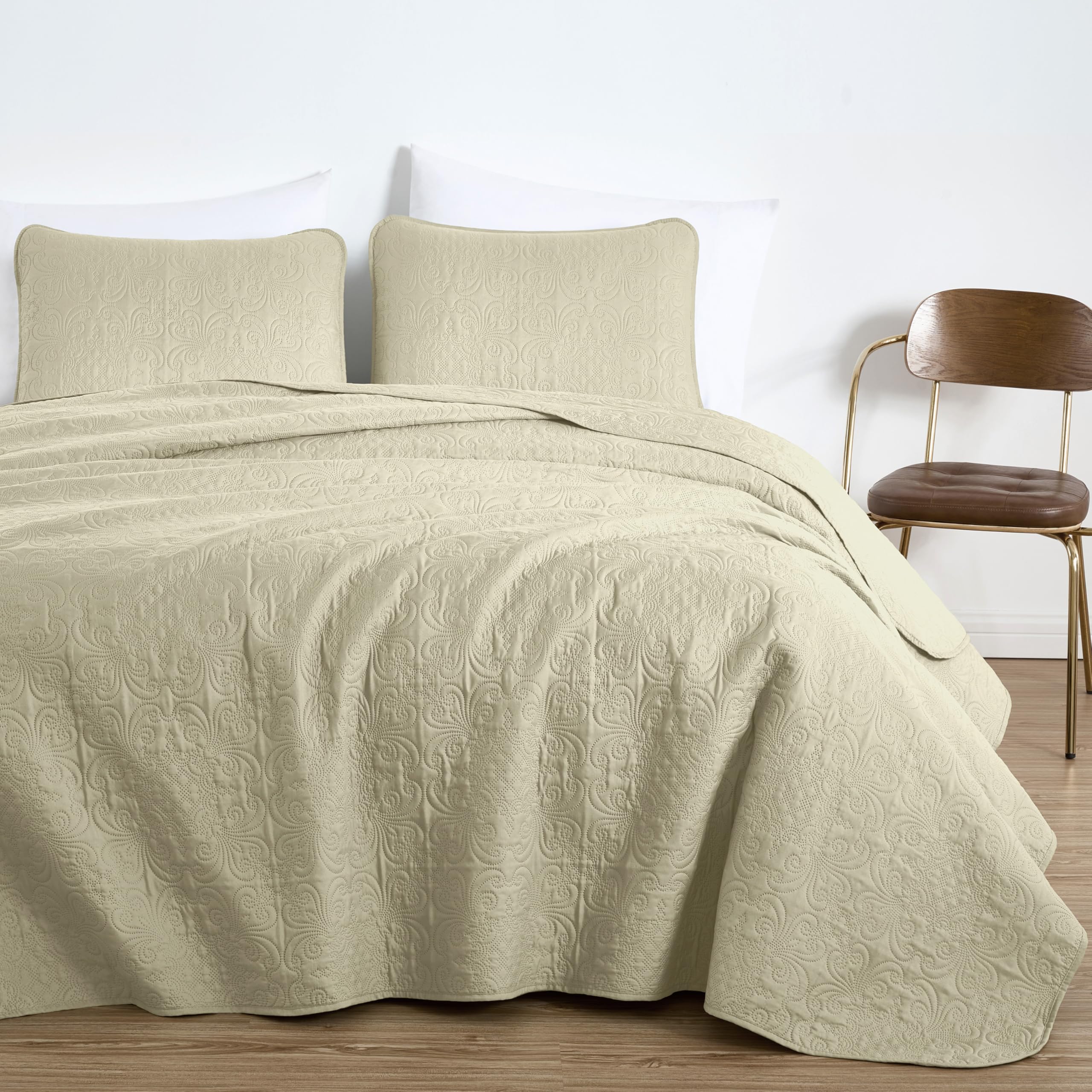 Chezmoi Collection Luca - Set copripiumino king size, 3 pezzi, beige, morbido, estivo, leggero, oversize, copriletto king size, 118 x 106 cm, motivo floreale con medaglioni per tutte le stagioni
