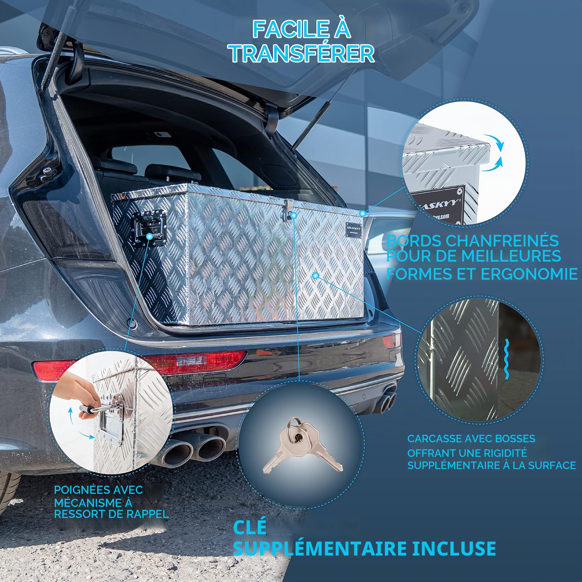 HASKYY Boîte à outils pour Remorque en aluminium 110 x 38 x 40 cm - 165 L Coffre de timon Caisse de Transport et Rangement verrouillage avec 3 clés