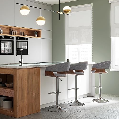 Miniatura 181 de SIMPLIHOME Lowell Taburete de bar giratorio ajustable, silla tapizada de metal de 33 pulgadas de altura del asiento en tela de aspecto de lino gris