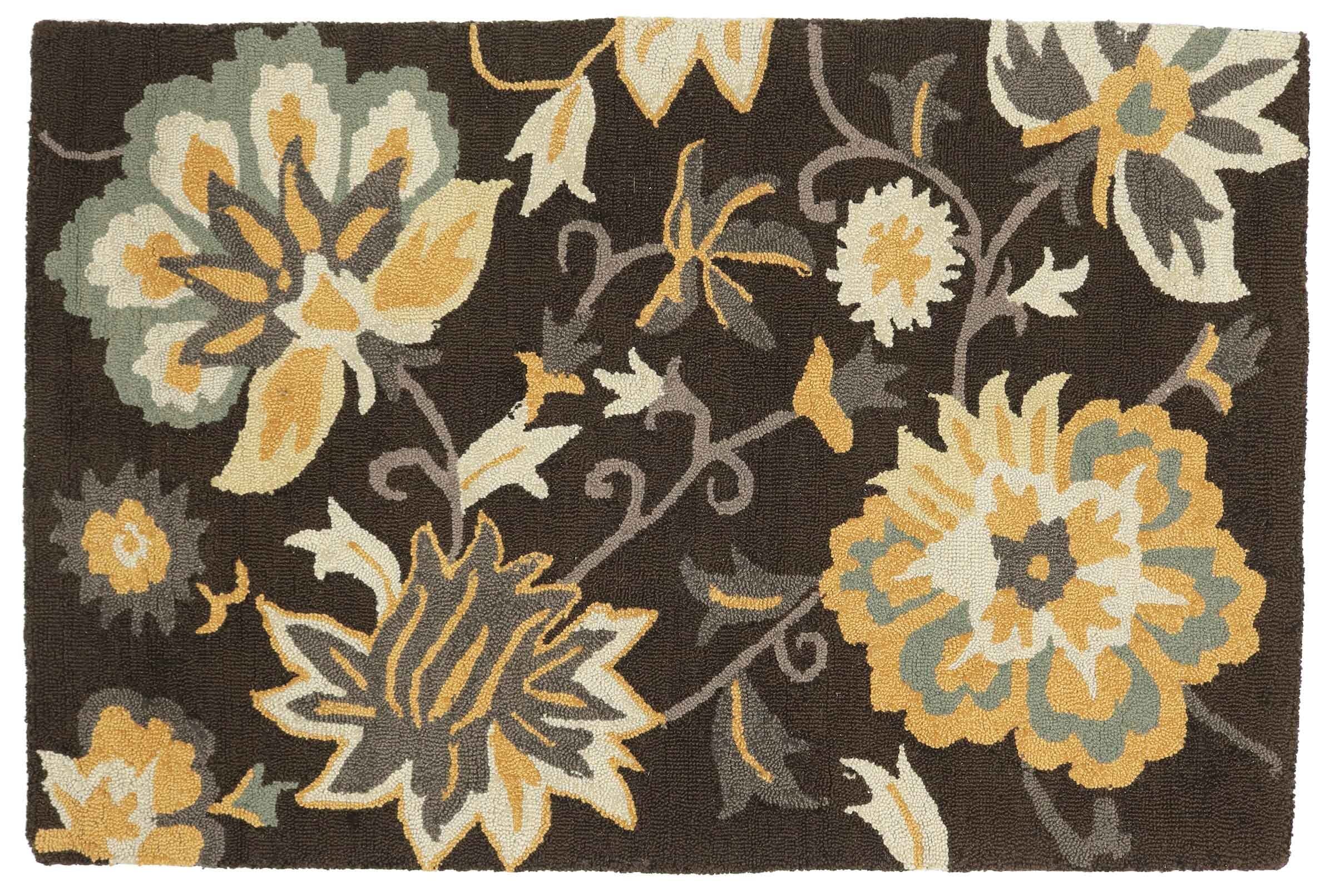 Tapis fait main Flowers marron pour créer un coin lecture cosy et fleuri