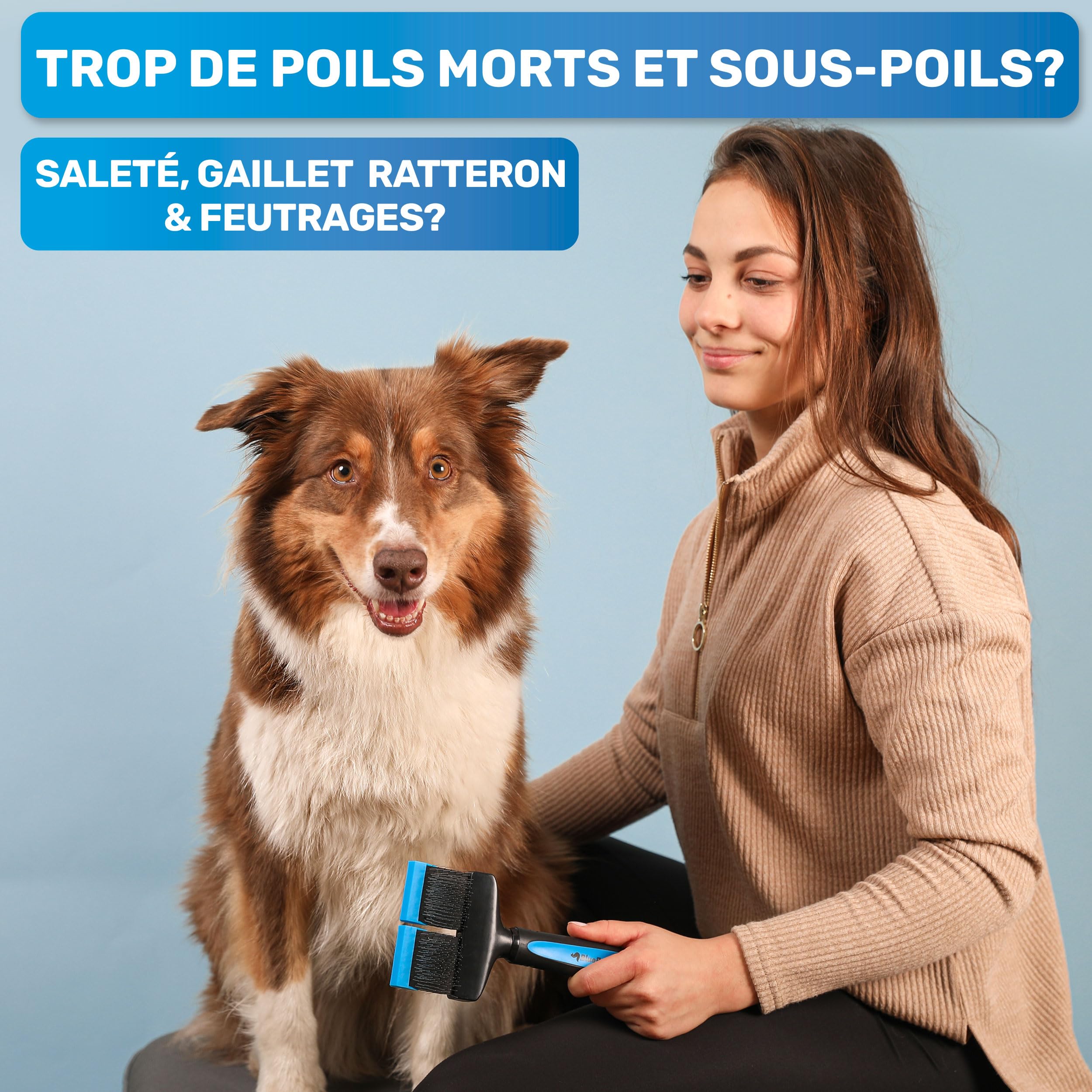BluePet ZupfZeug Pro - Brosse professionnelle à poils longs et flexibles pour chiens et chats - Élimine doucement le sous-poil - Les nœuds et les nœuds (double tête, bleue)